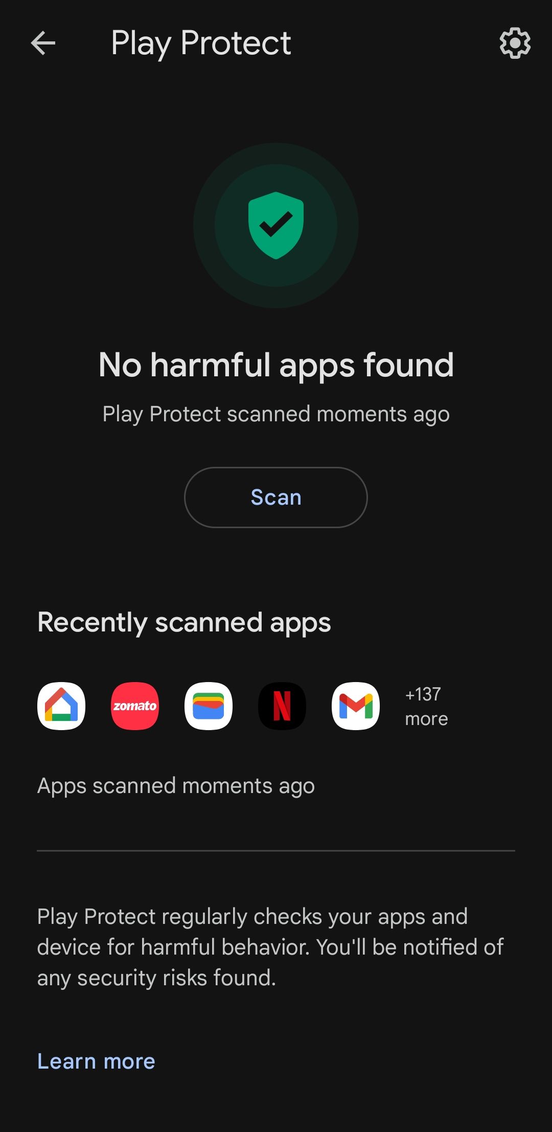 Google Play Protect Scan Results on Android