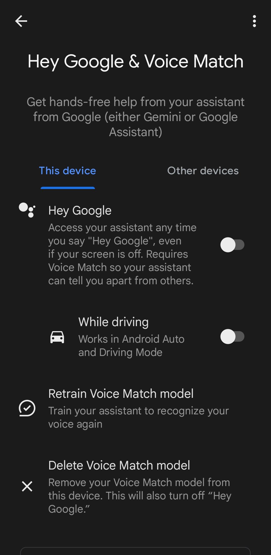 Hey Google feature disabled in Android settings