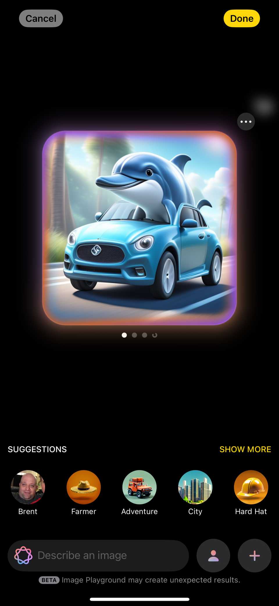 Image playground result of dolphin driving car.