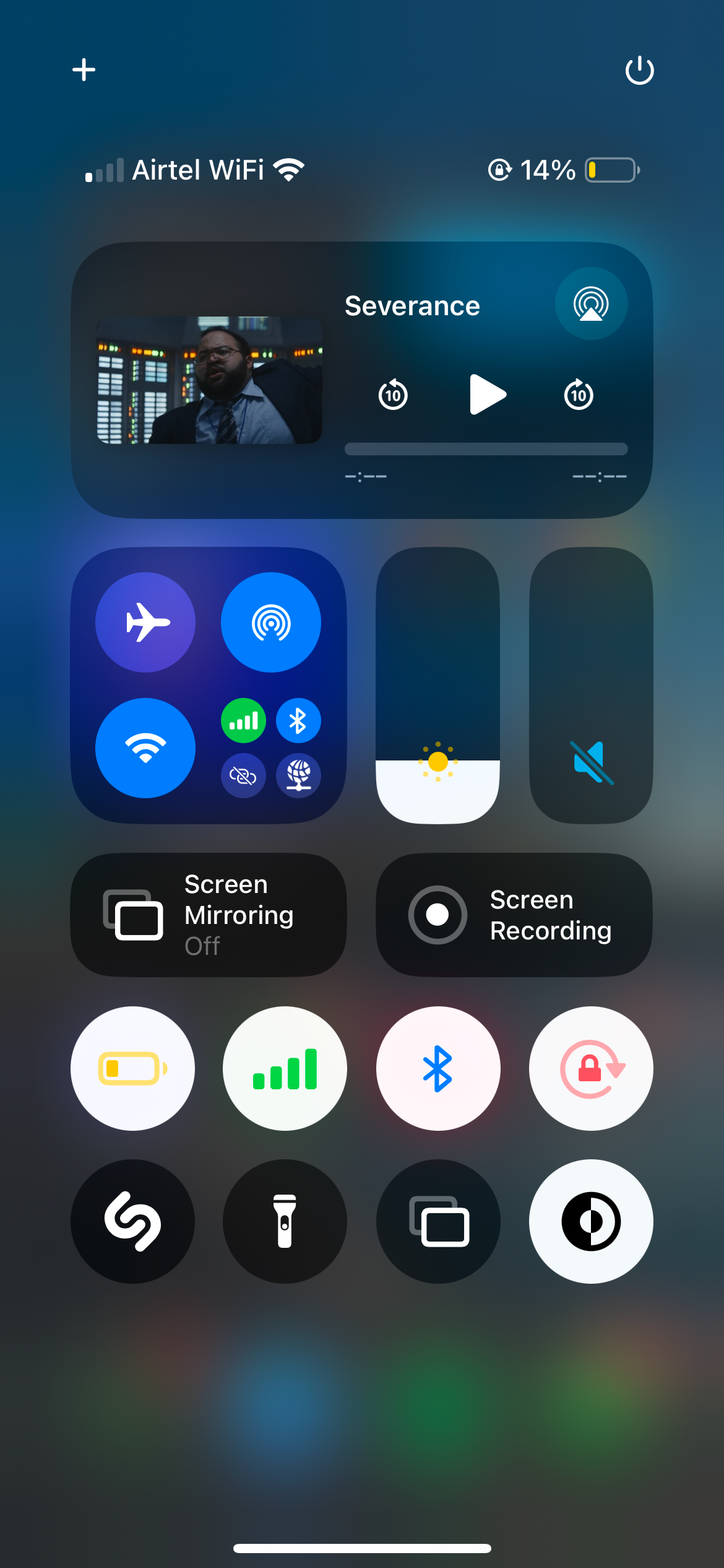 iOS 18 Control Center showing Severance now playing