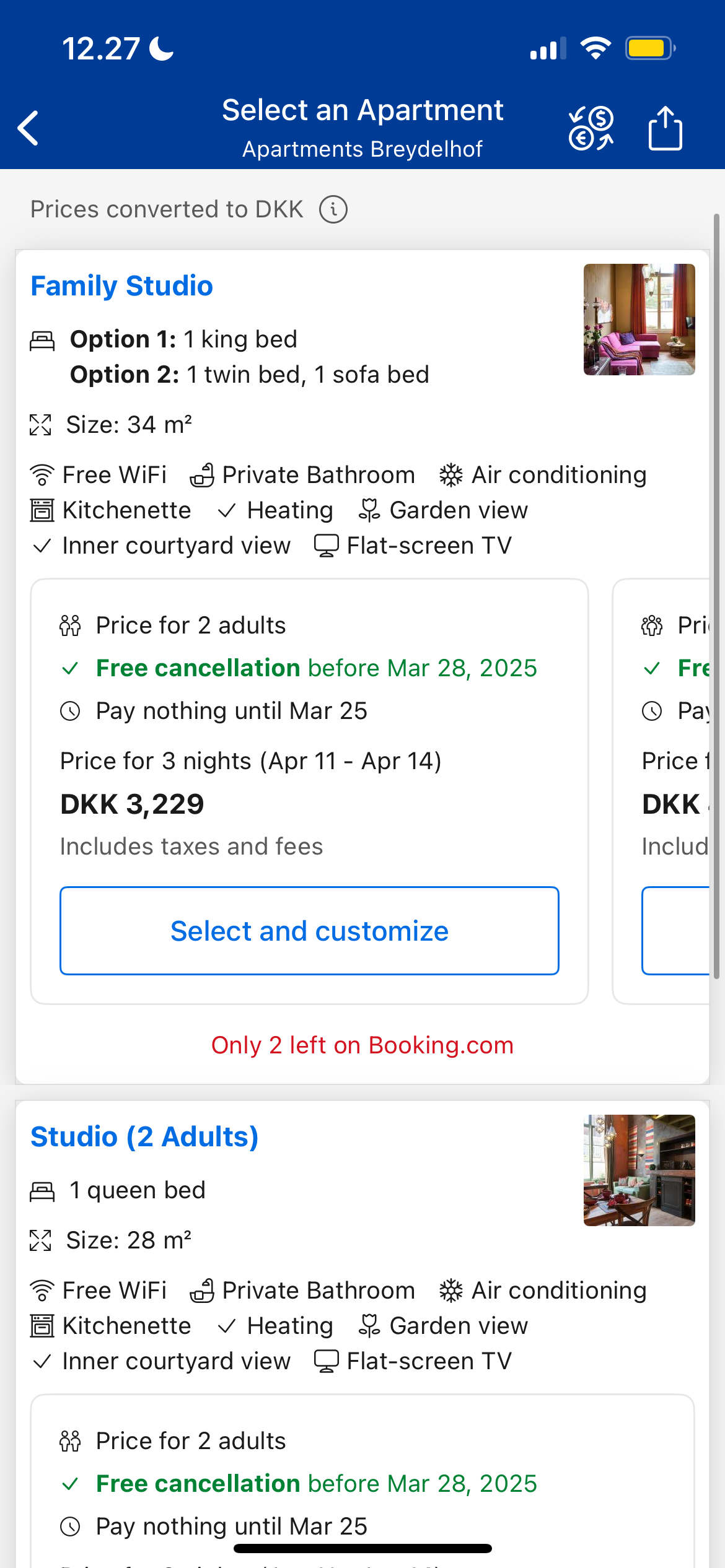 The option to choose different room types in Booking.com