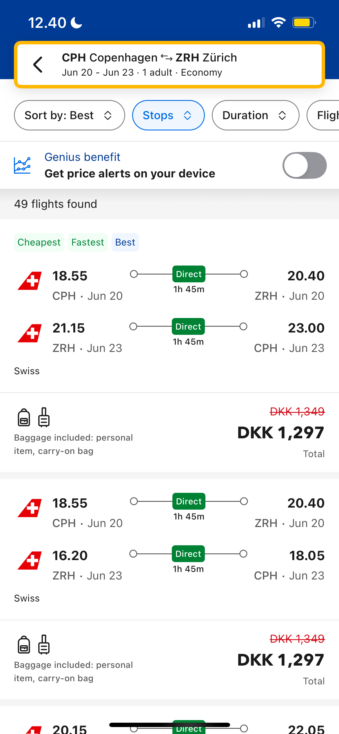 Просмотр различных результатов поиска авиабилетов в приложении Booking.com