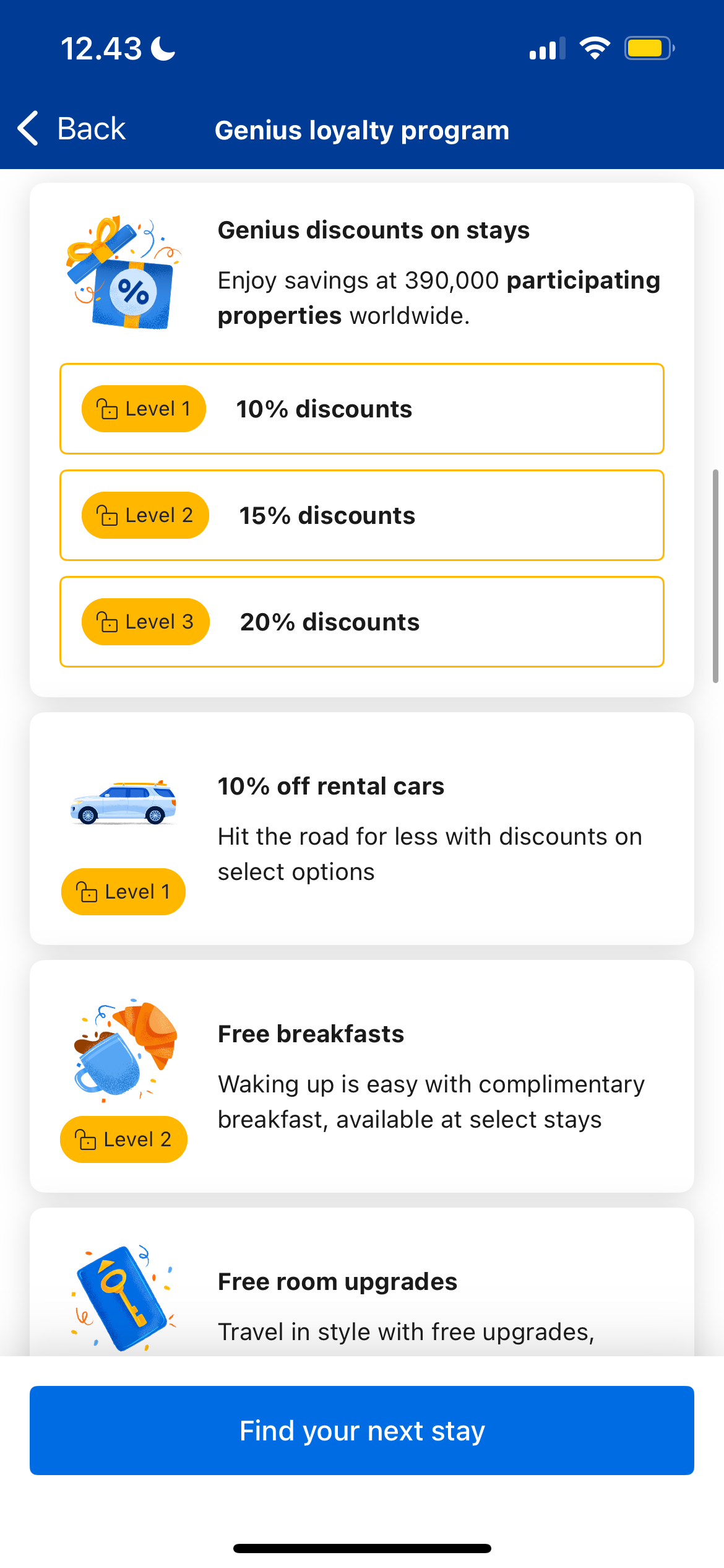 Different loyalty benefit options in the Booking.com app