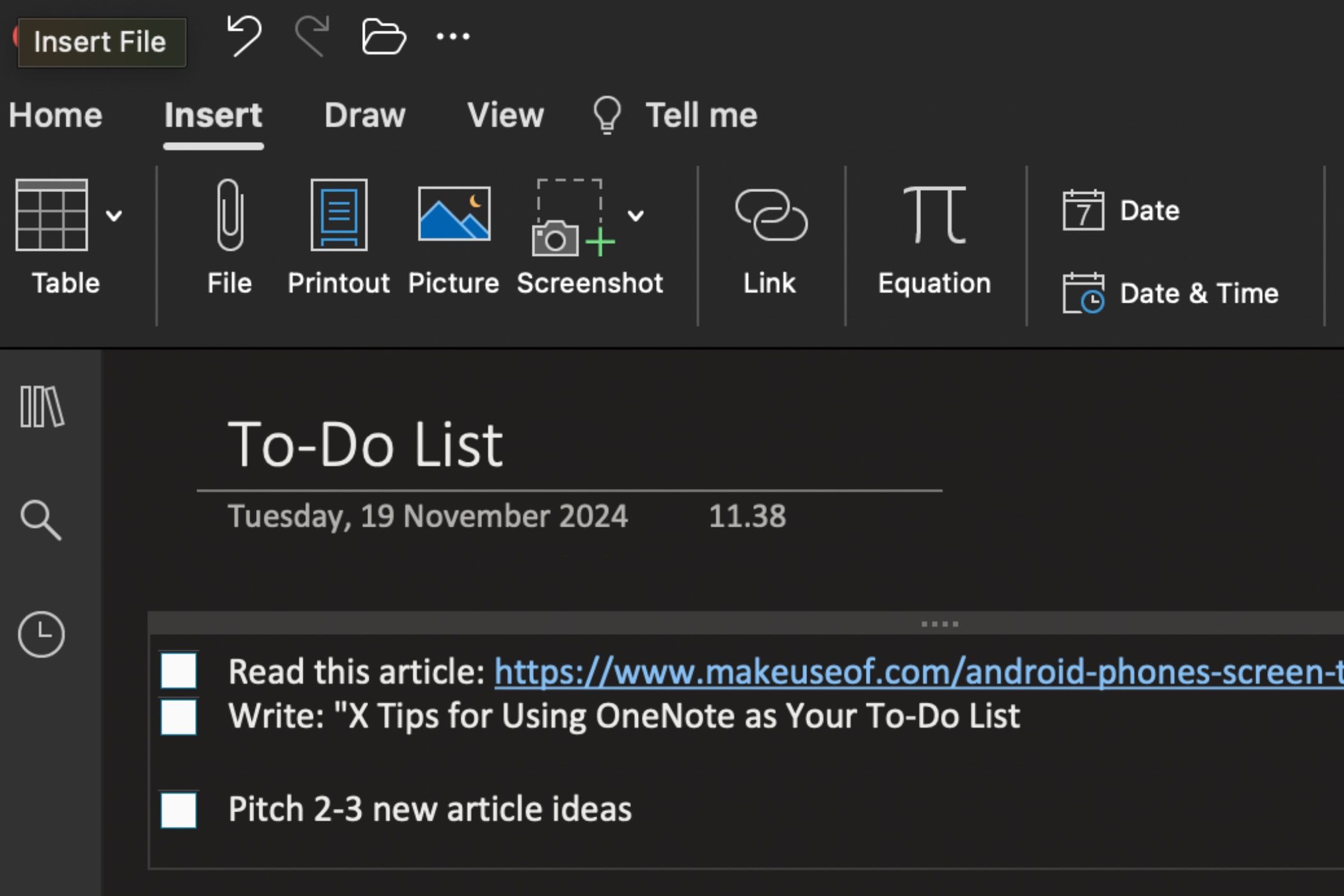 Insert a file in OneNote