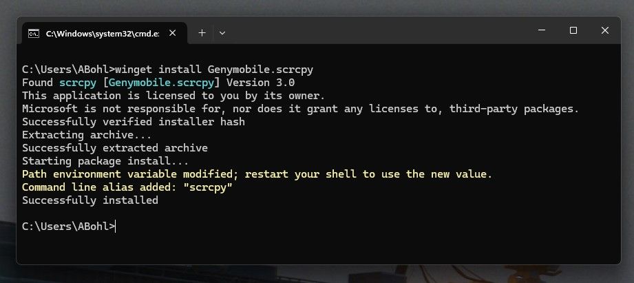 Установка scrcpy с помощью winget в Windows