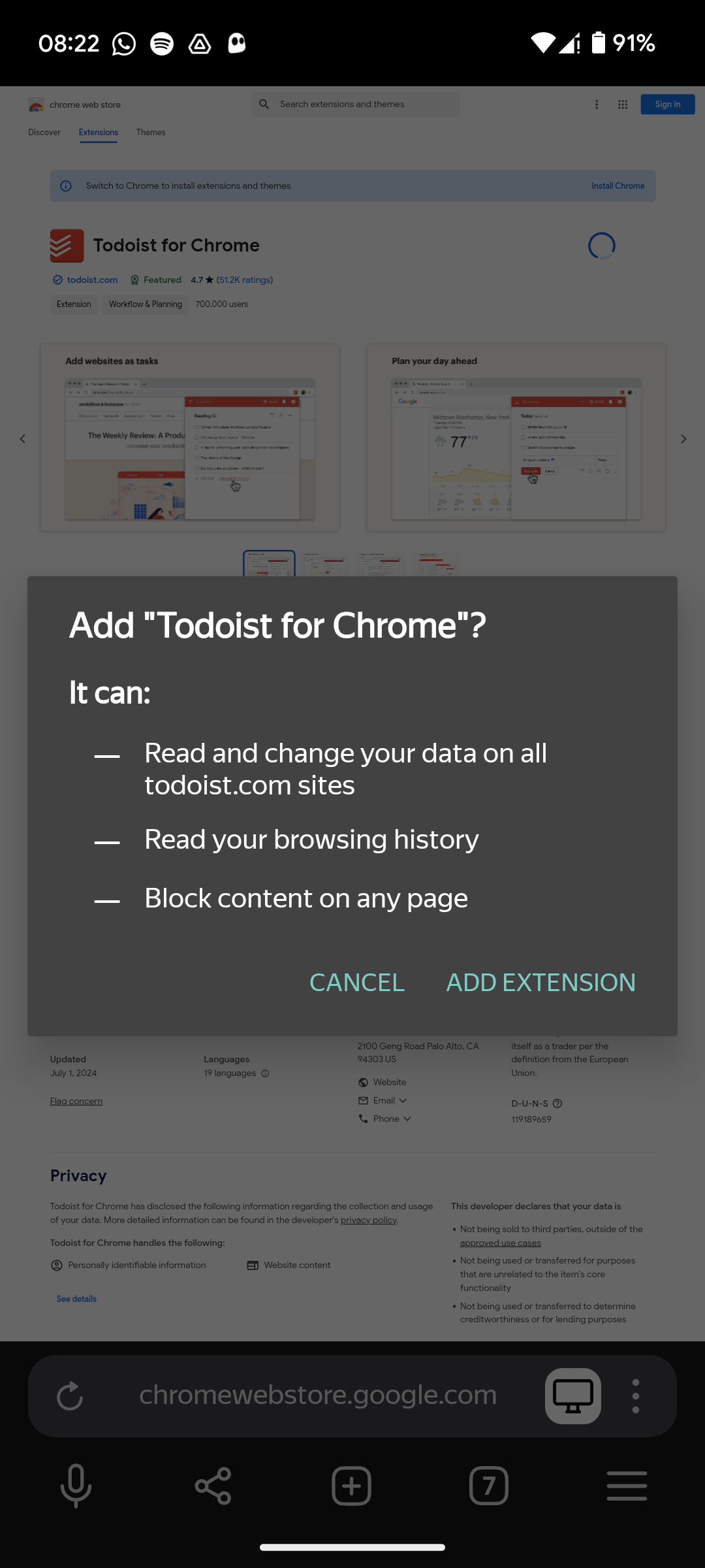 Installing Todoist extension in Yandex browser on Android