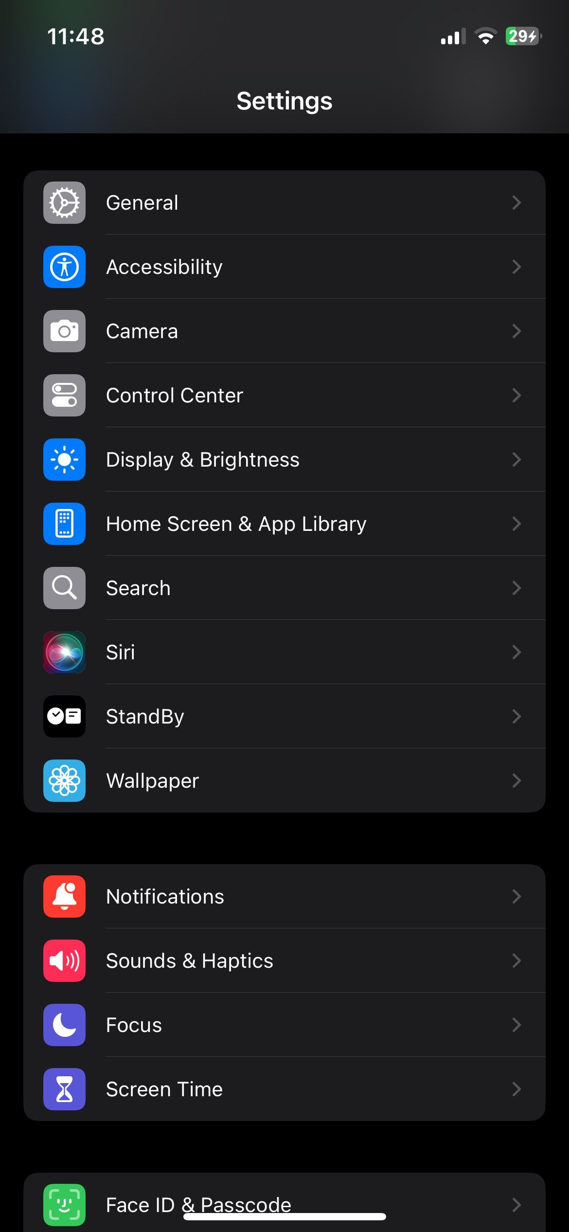 iPhone Settings App in Dark Mode