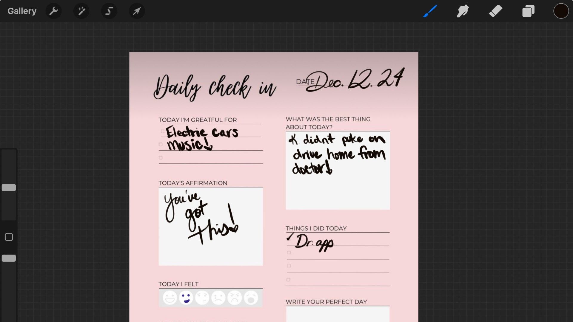 Digital journal layout with writing on Procreate app. 