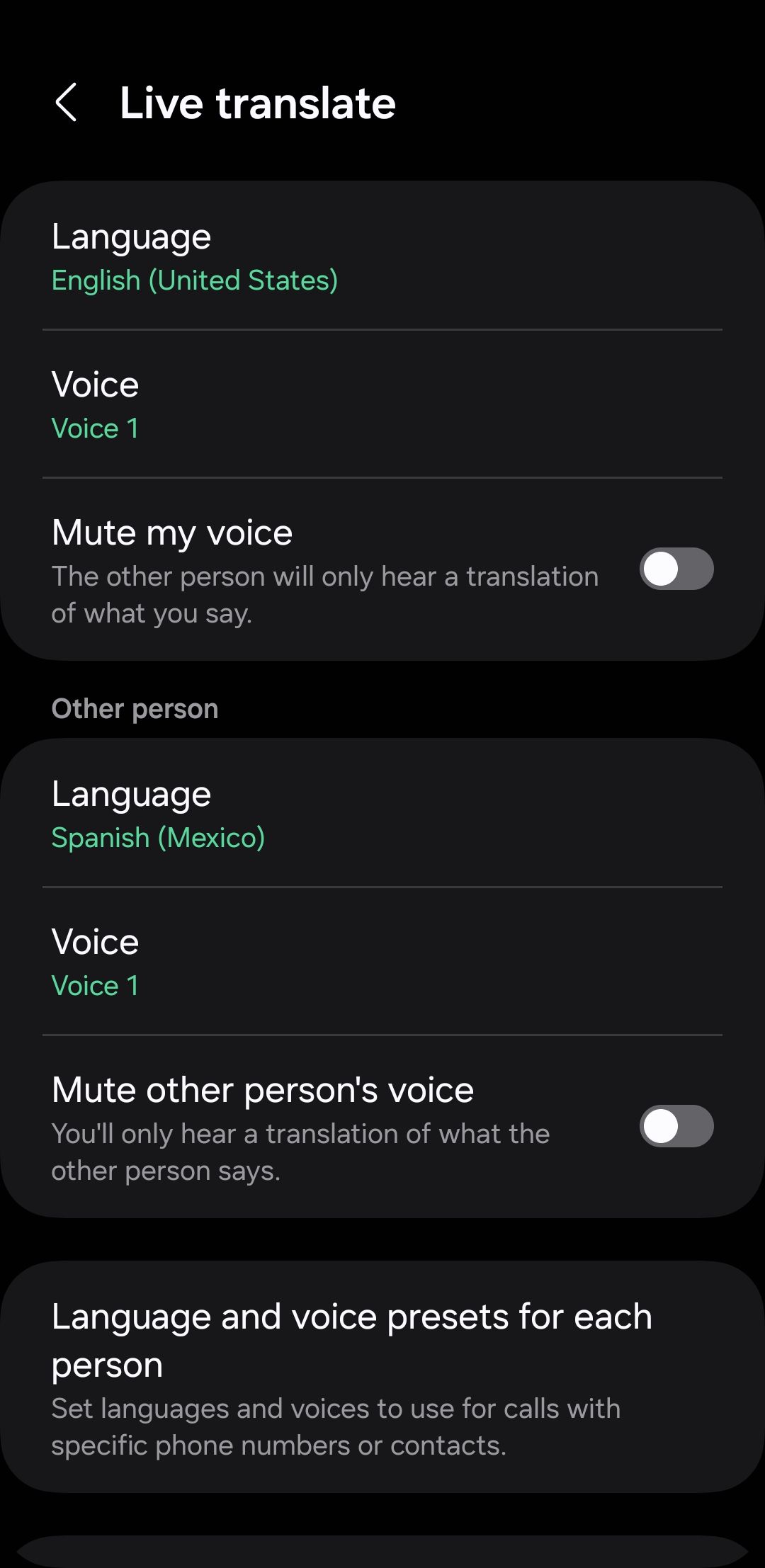 Live translate settings page on Samsung phone