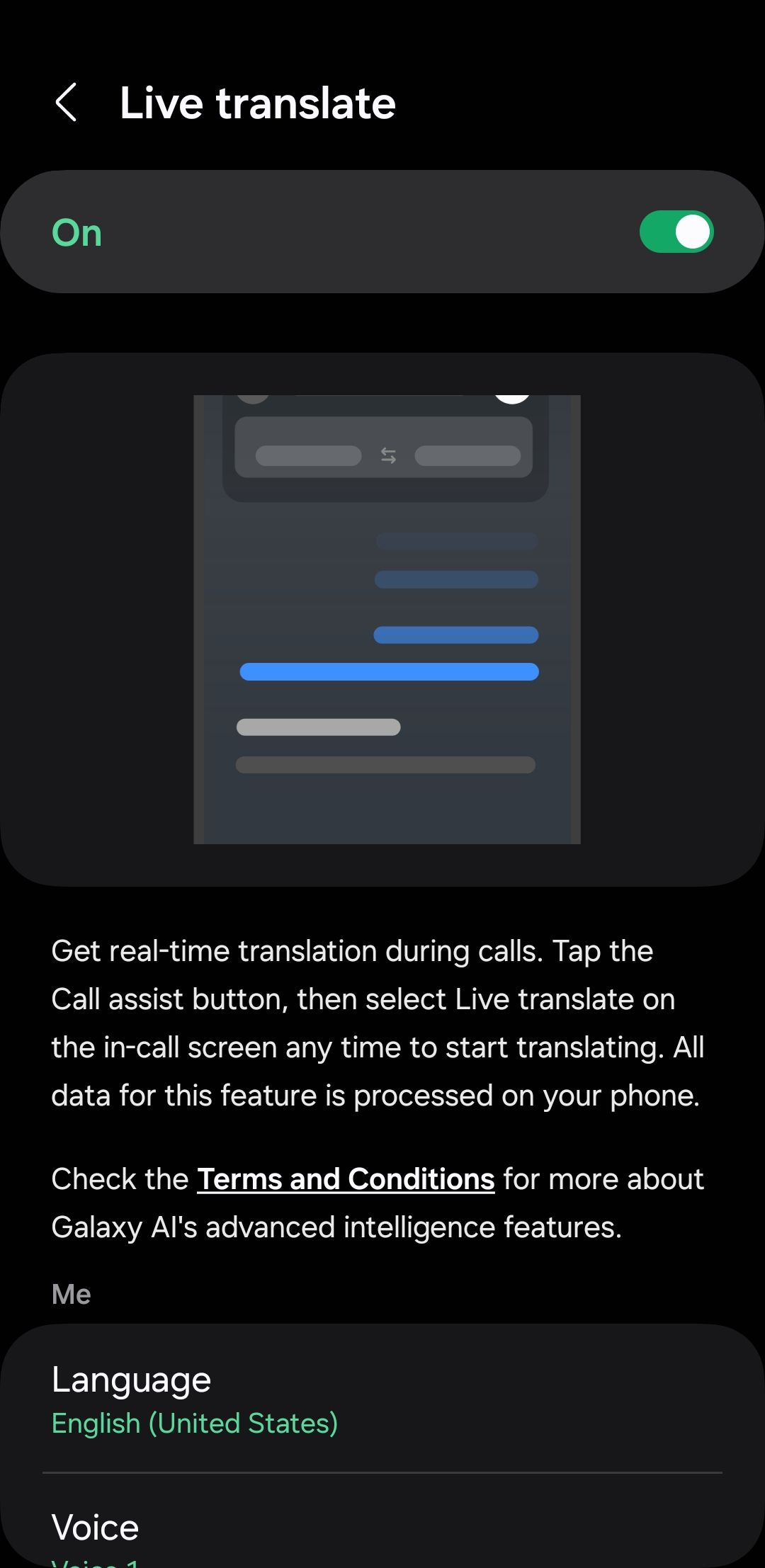 Live translate toggle enabled on Samsung phone