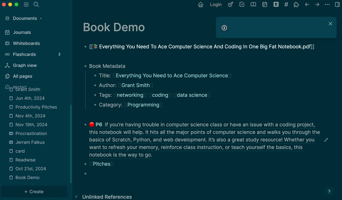 The bi-directional linking feature in Logseq