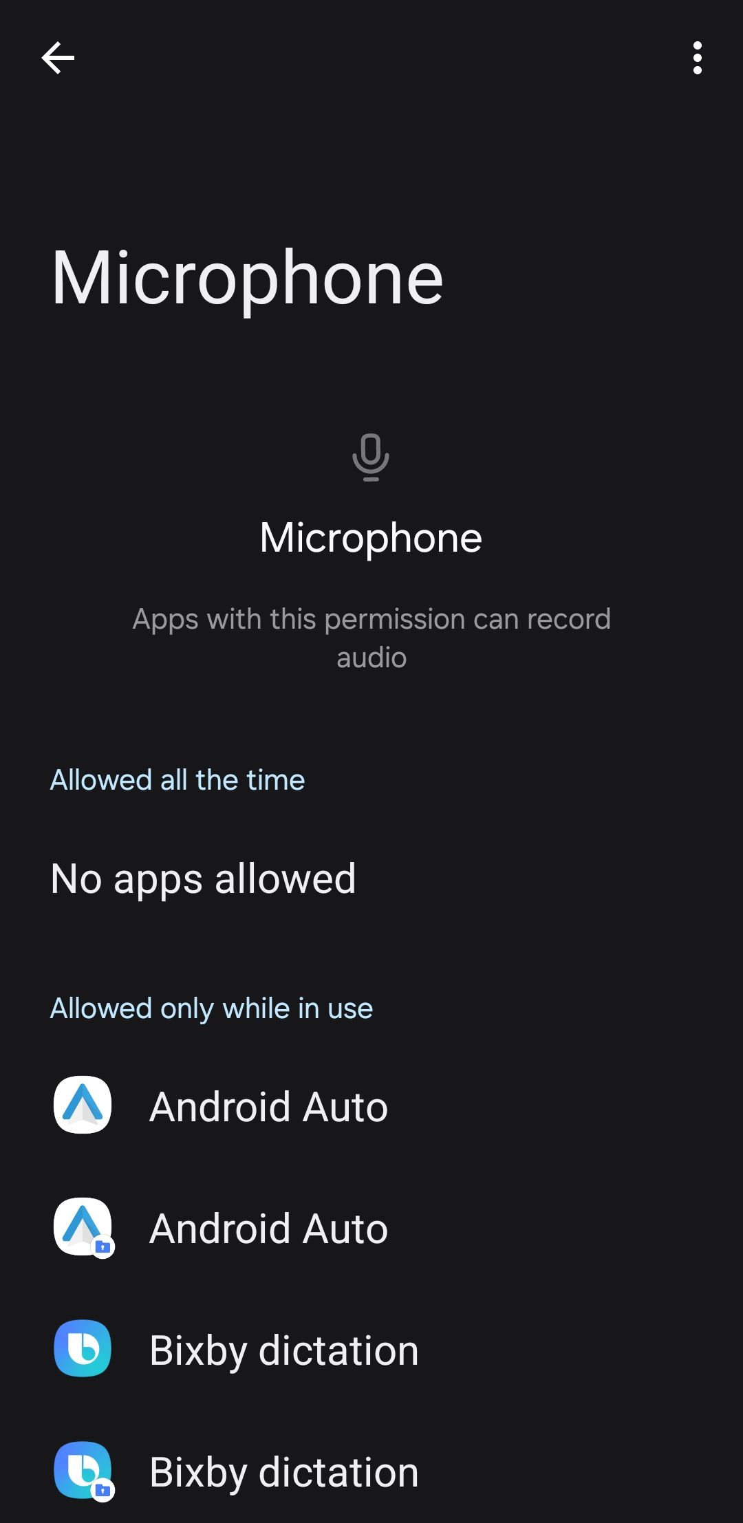 Microphone permission menu on Android