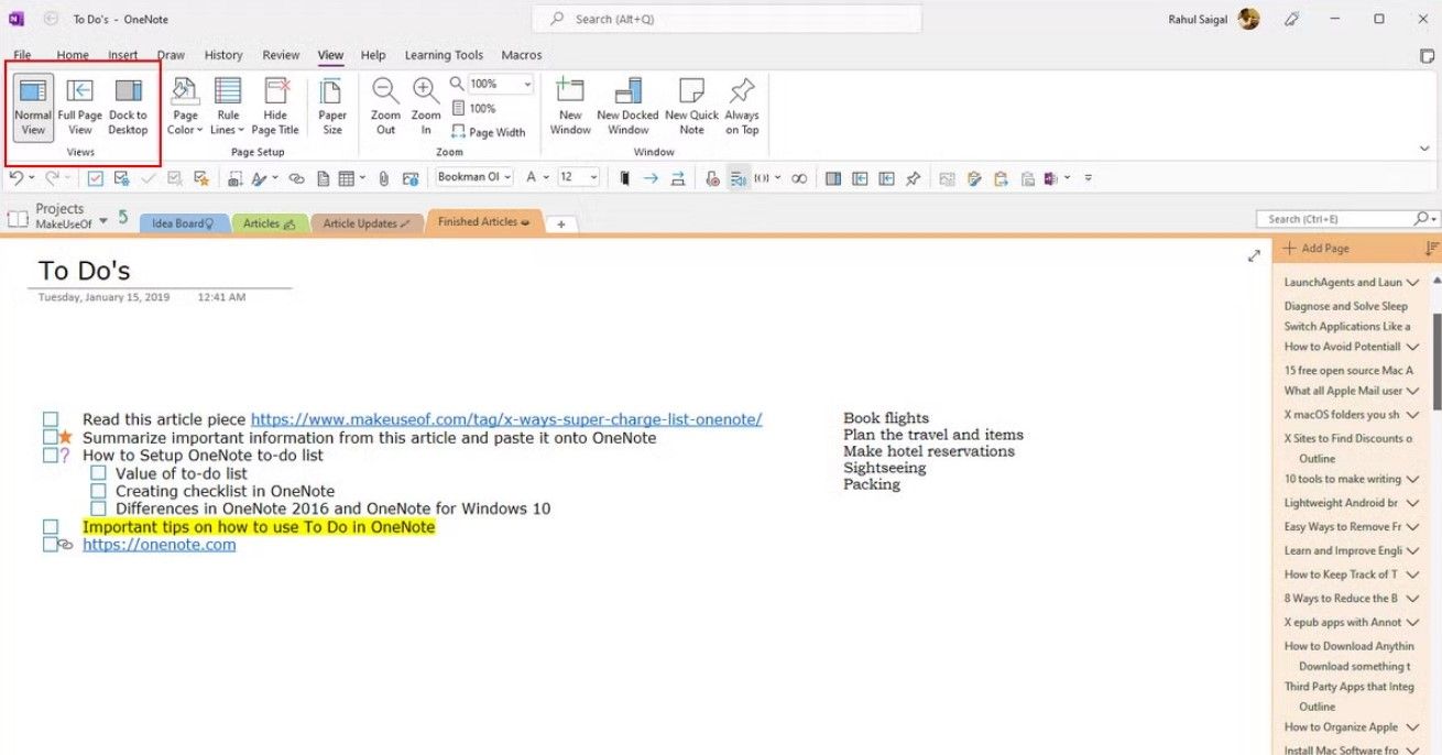 Microsoft OneNote View menu