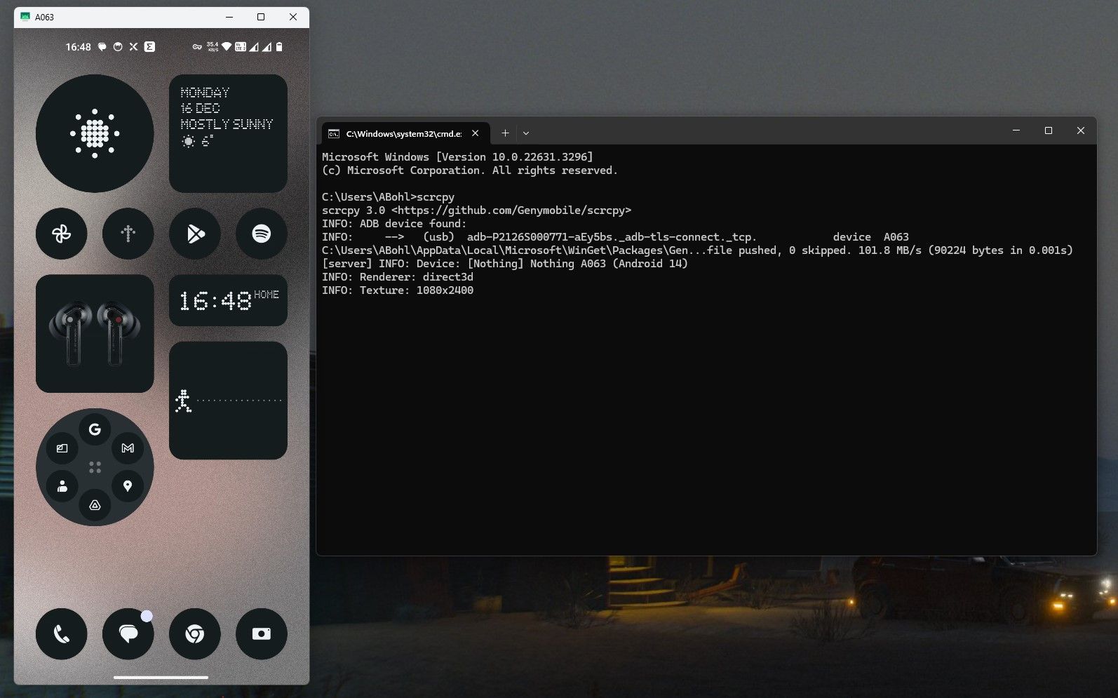 Зеркальное отображение экрана телефона Android с помощью scrcpy