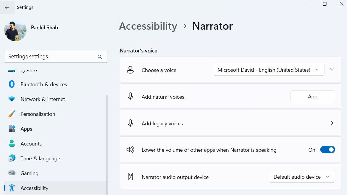 Narrator menu in Windows Settings app