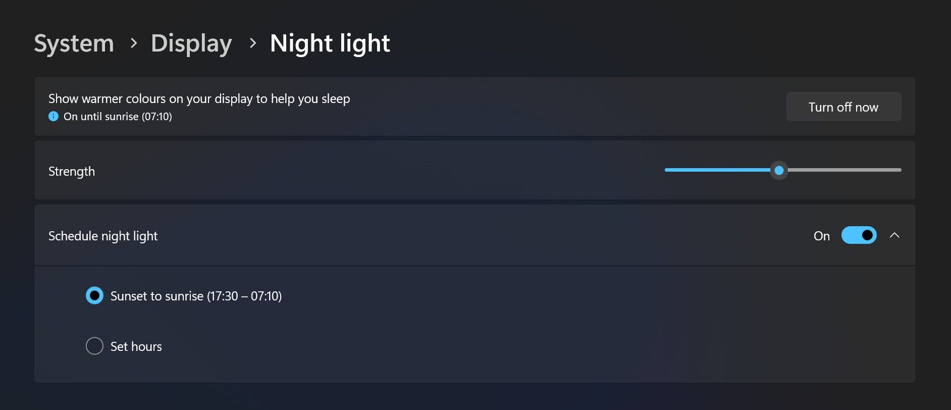 Night light settings on Windows 11