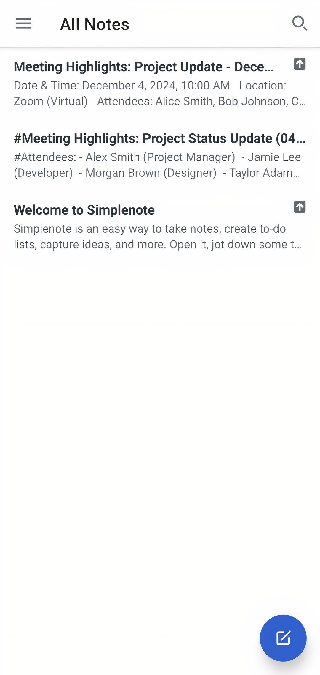 note list on simplenote