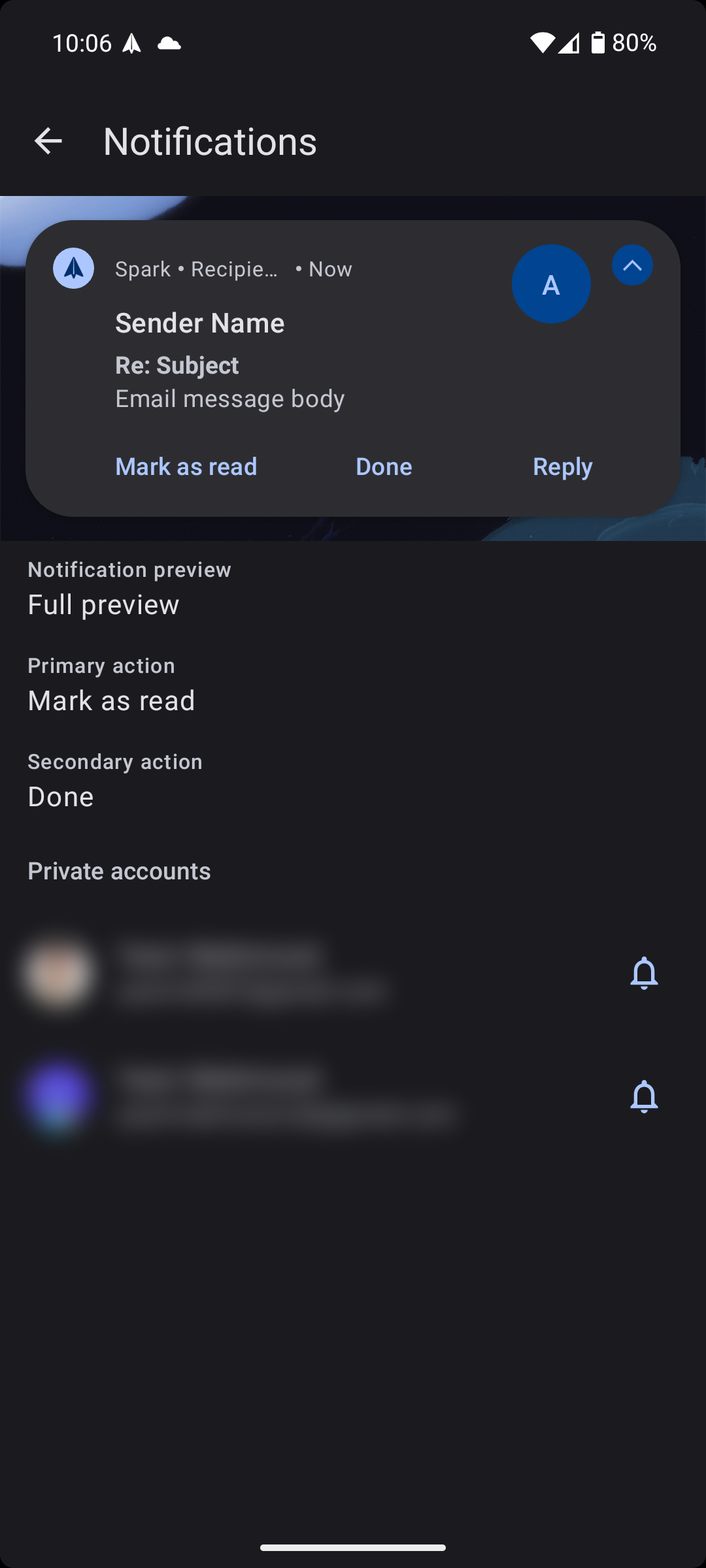 Notification preview in Spark Mail Android app