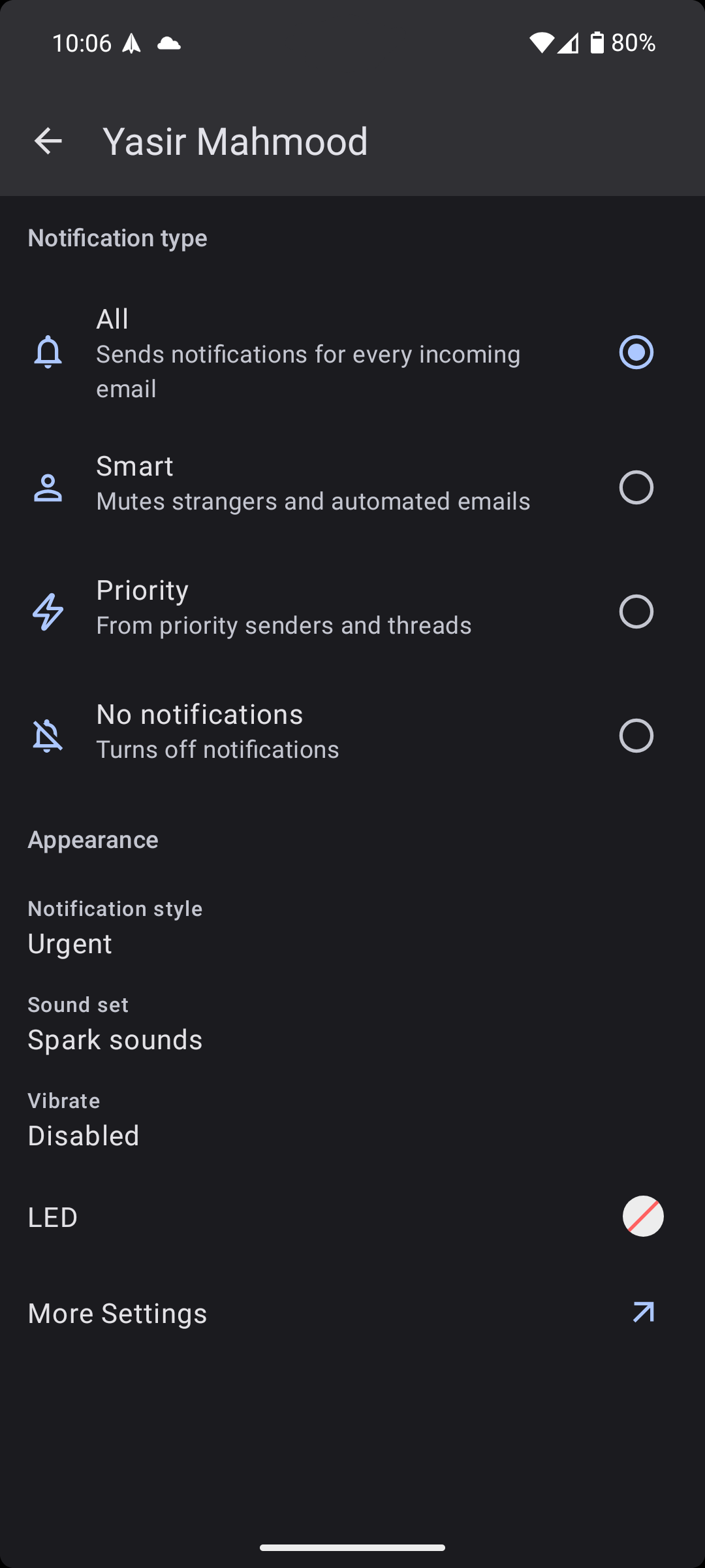 Notification settings in Spark Mail Android app