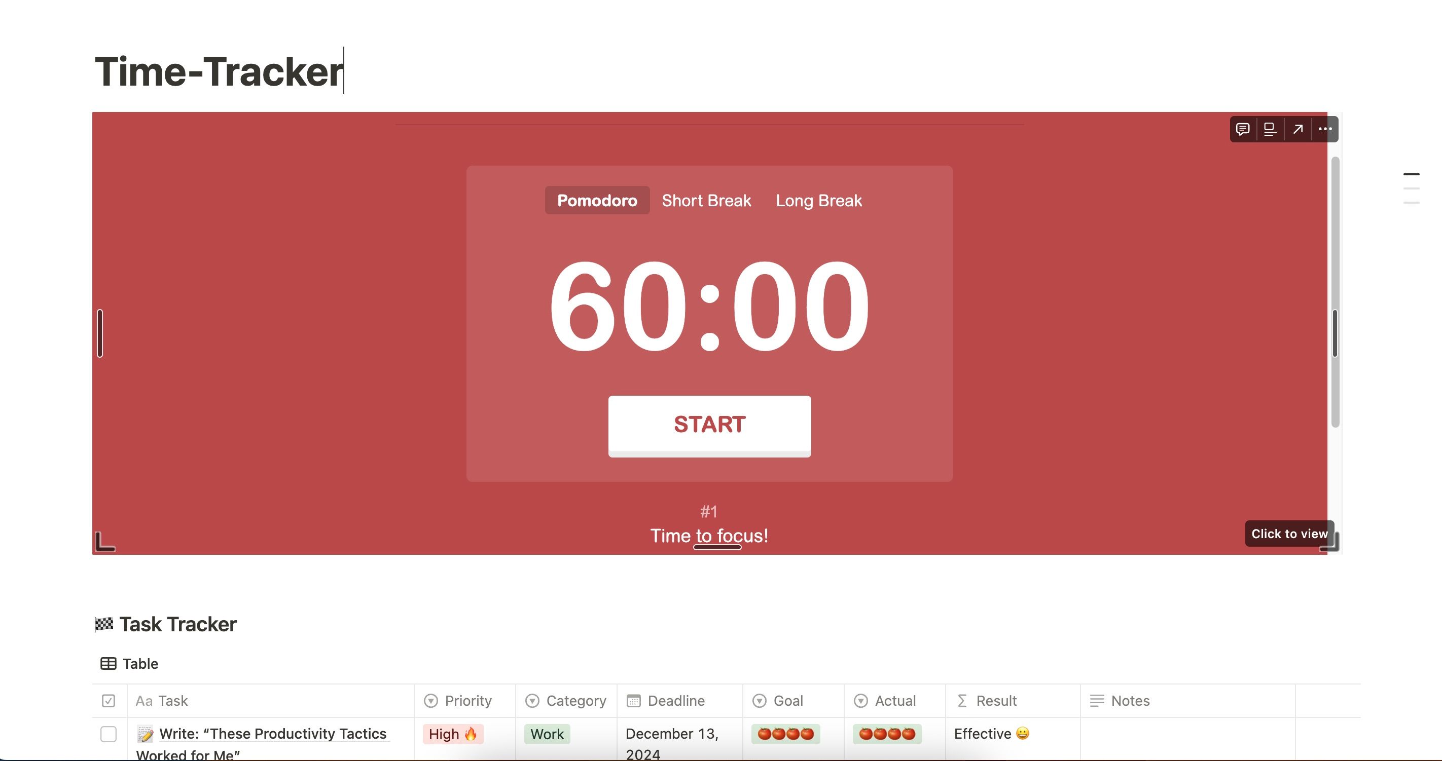 Notion Pomodoro Tracker with time set to 60 minutes