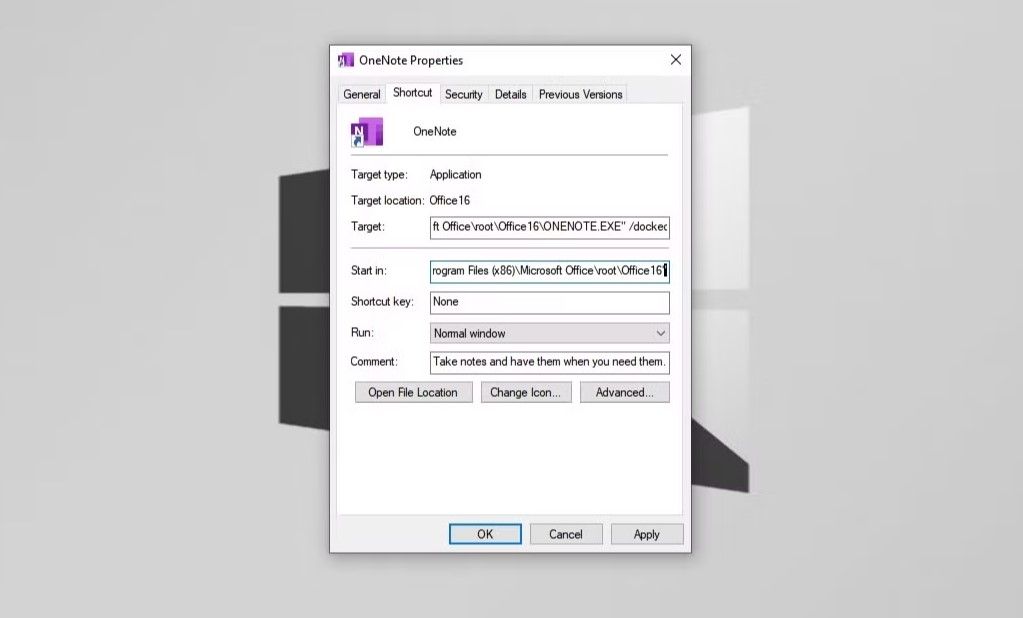 OneNote properties in Windows