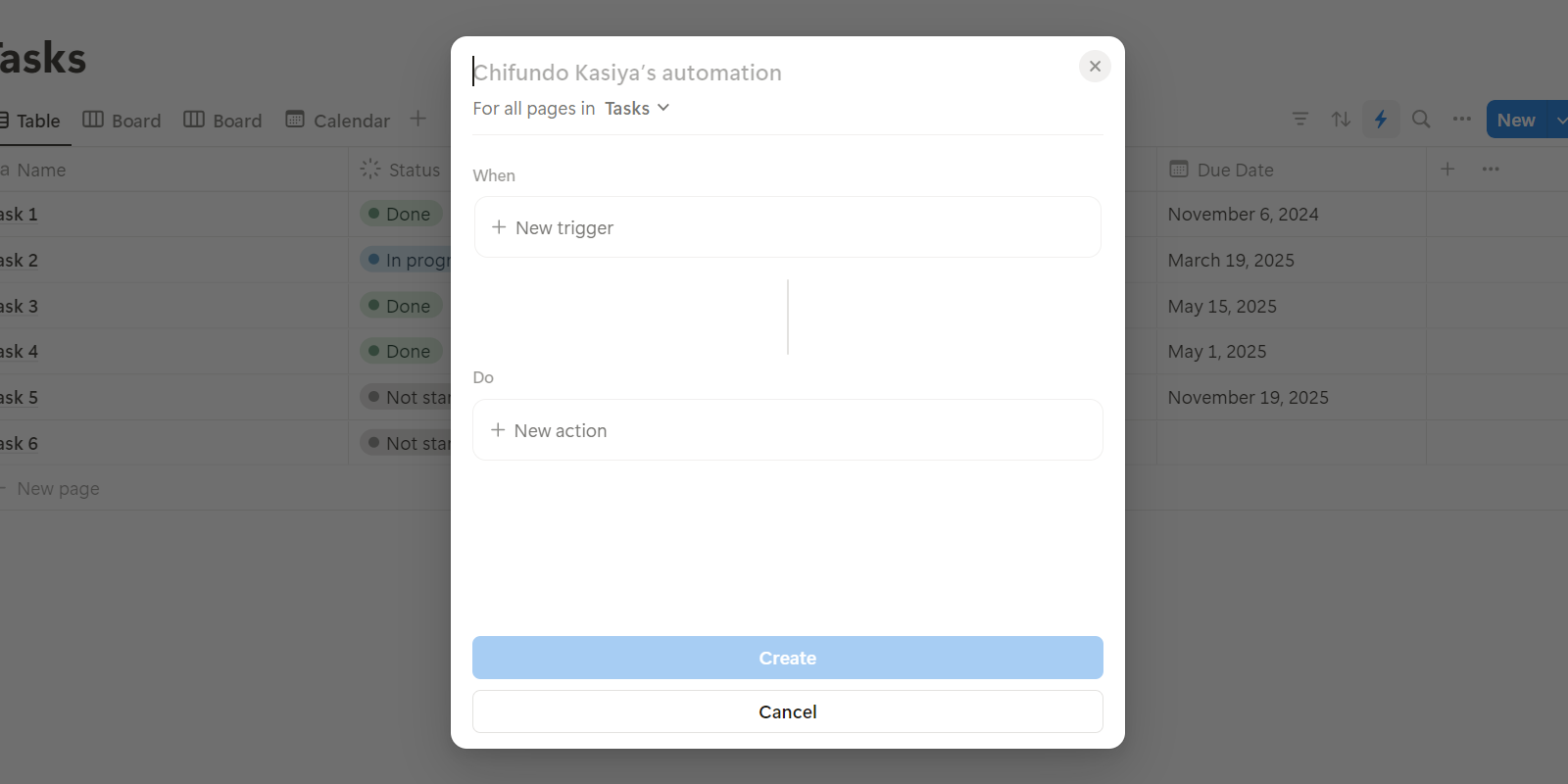 The pop-up to create an automation in Notion.