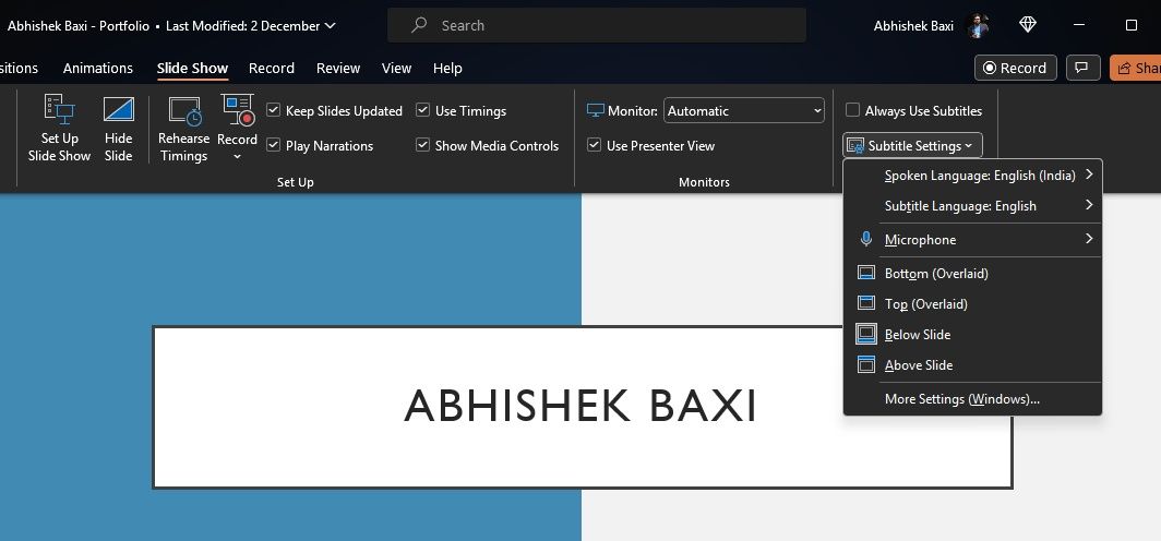 Captions and subtitles settings in Powerpoint