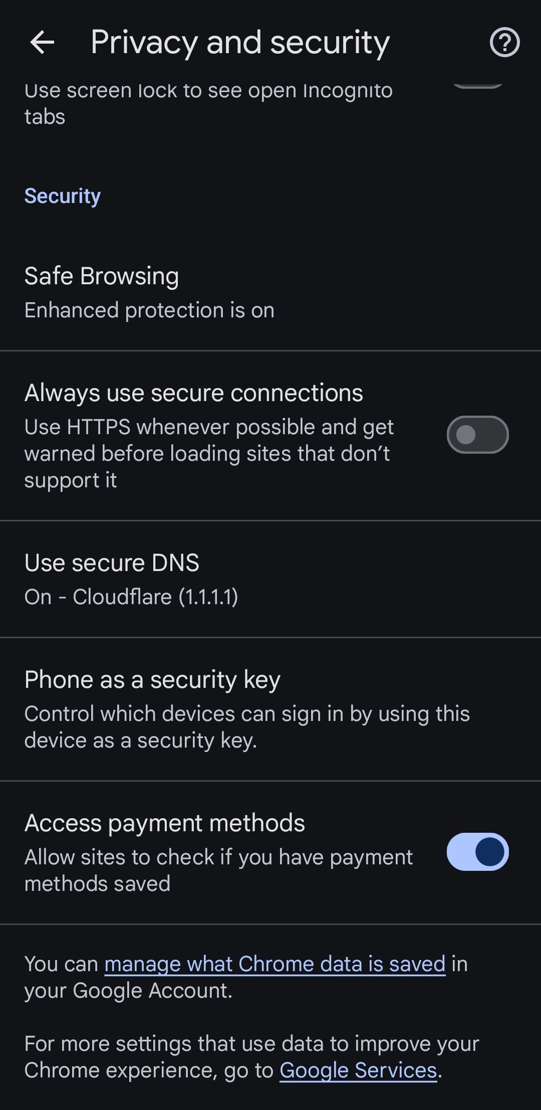 Privacy and security settings page in Chrome for Android