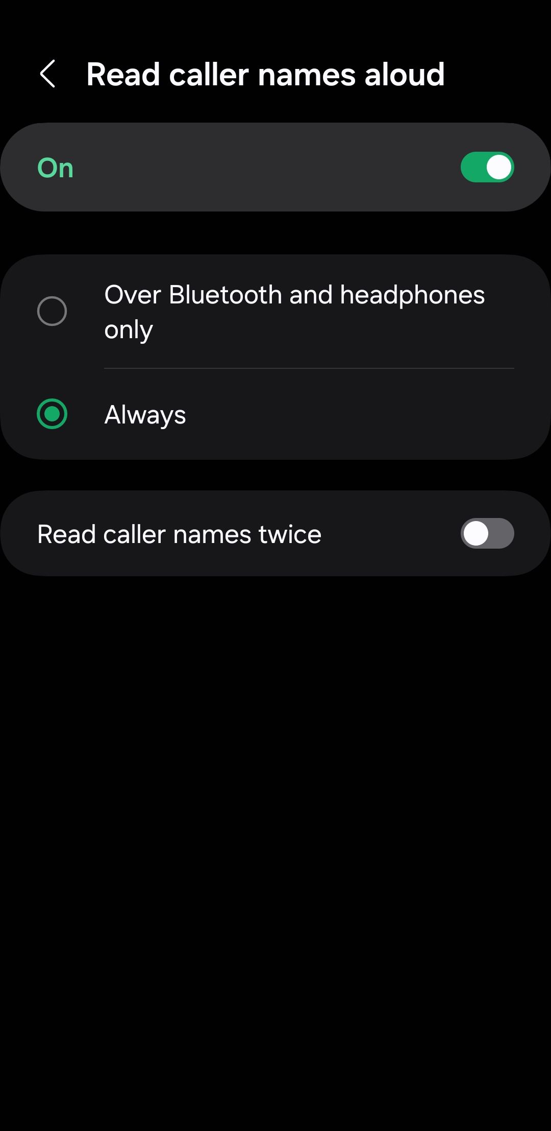 Read caller names aloud menu on Android