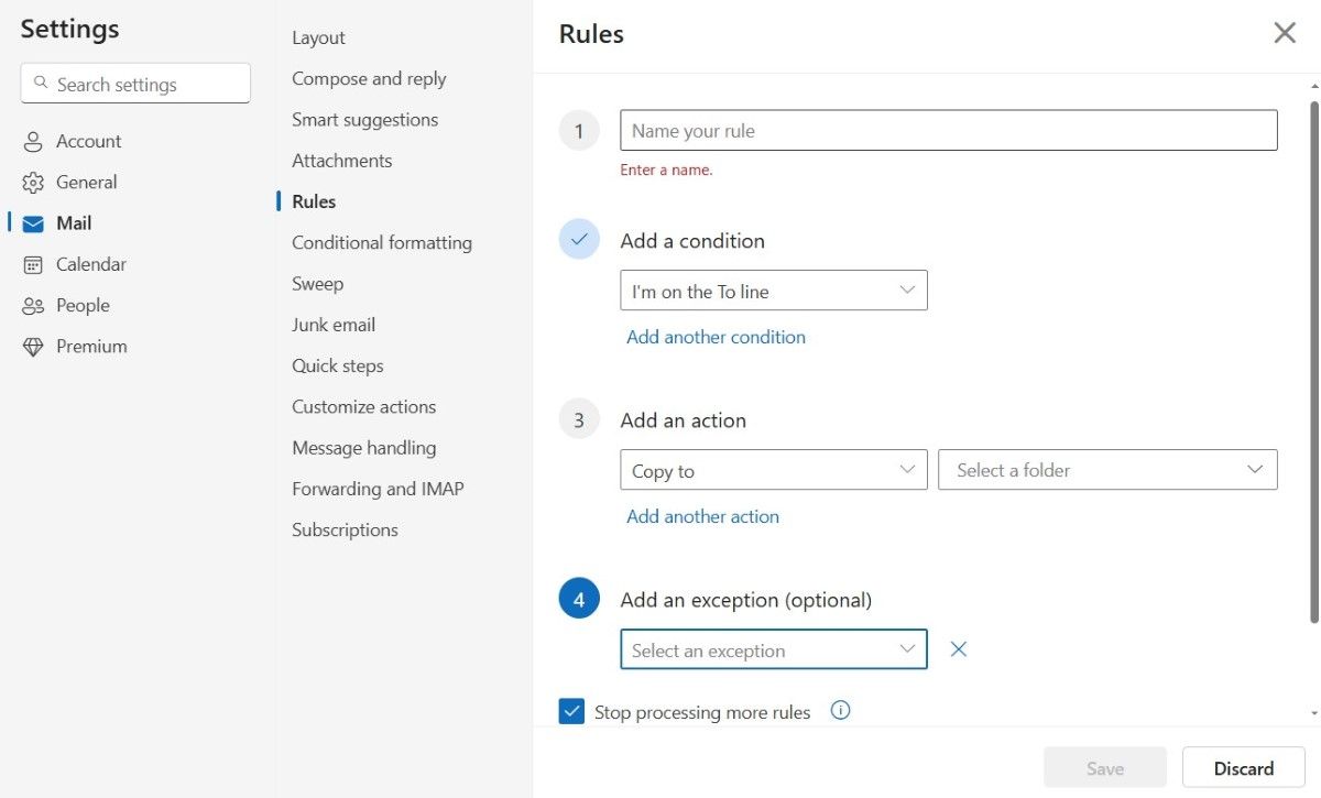 Rules tab selected in Outlook mail settings