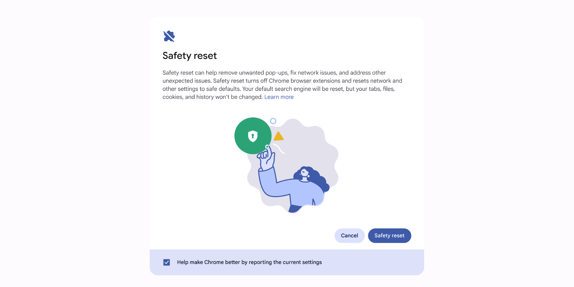 A dialogue for Safety reset, a new feature on Chromebooks