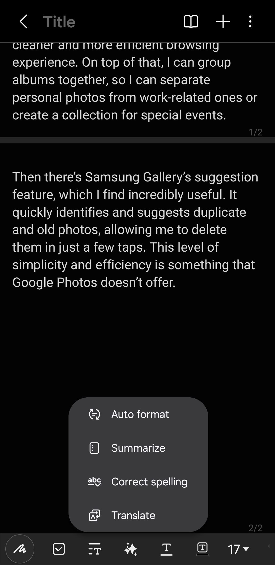 Samsung Notes app showing Galaxy AI features