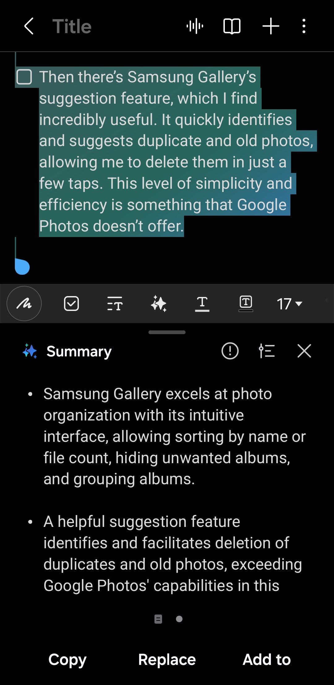 Samsung Notes app showing summary of a note