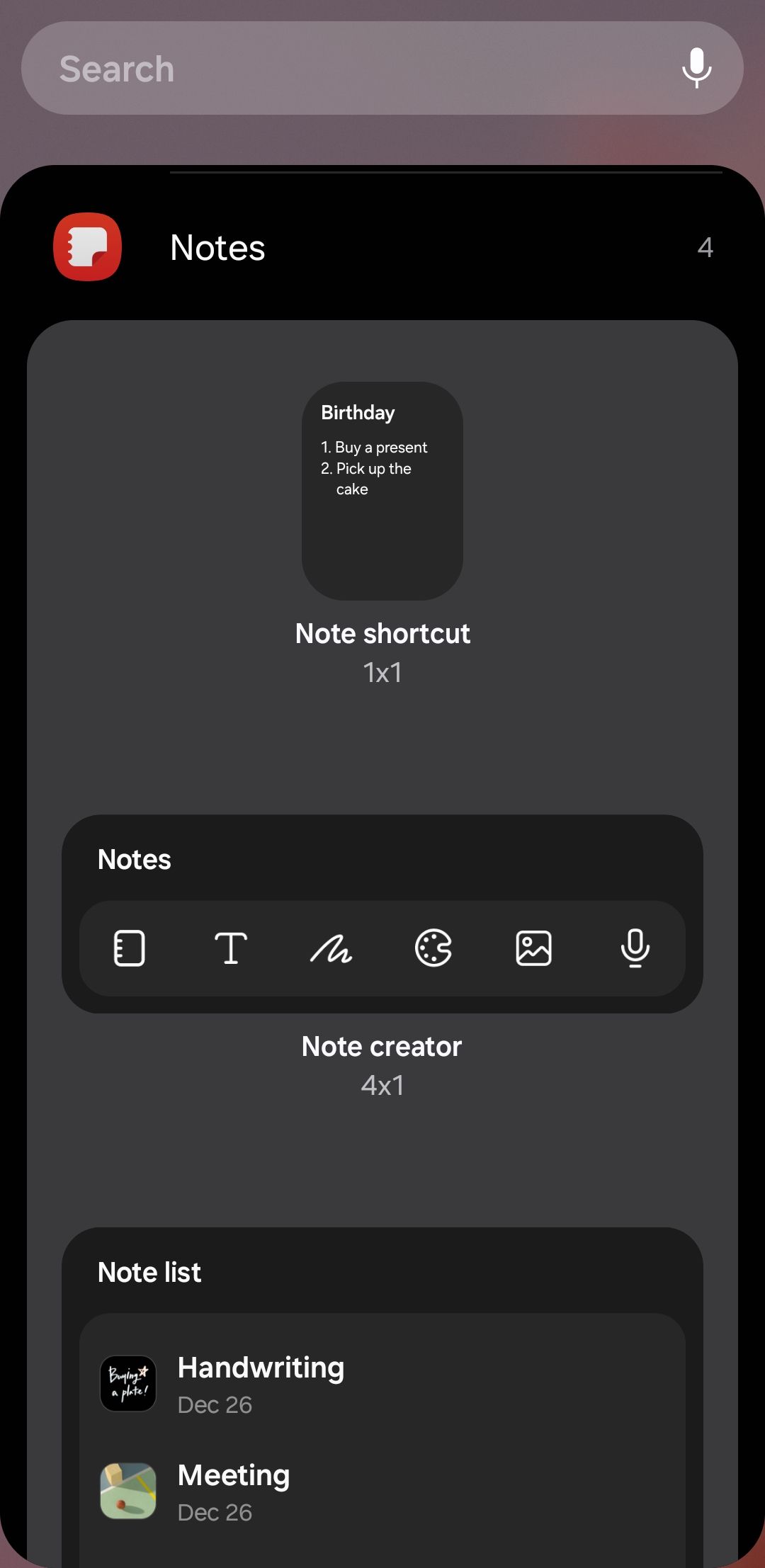 Samsung Notes widget options on Galaxy phone