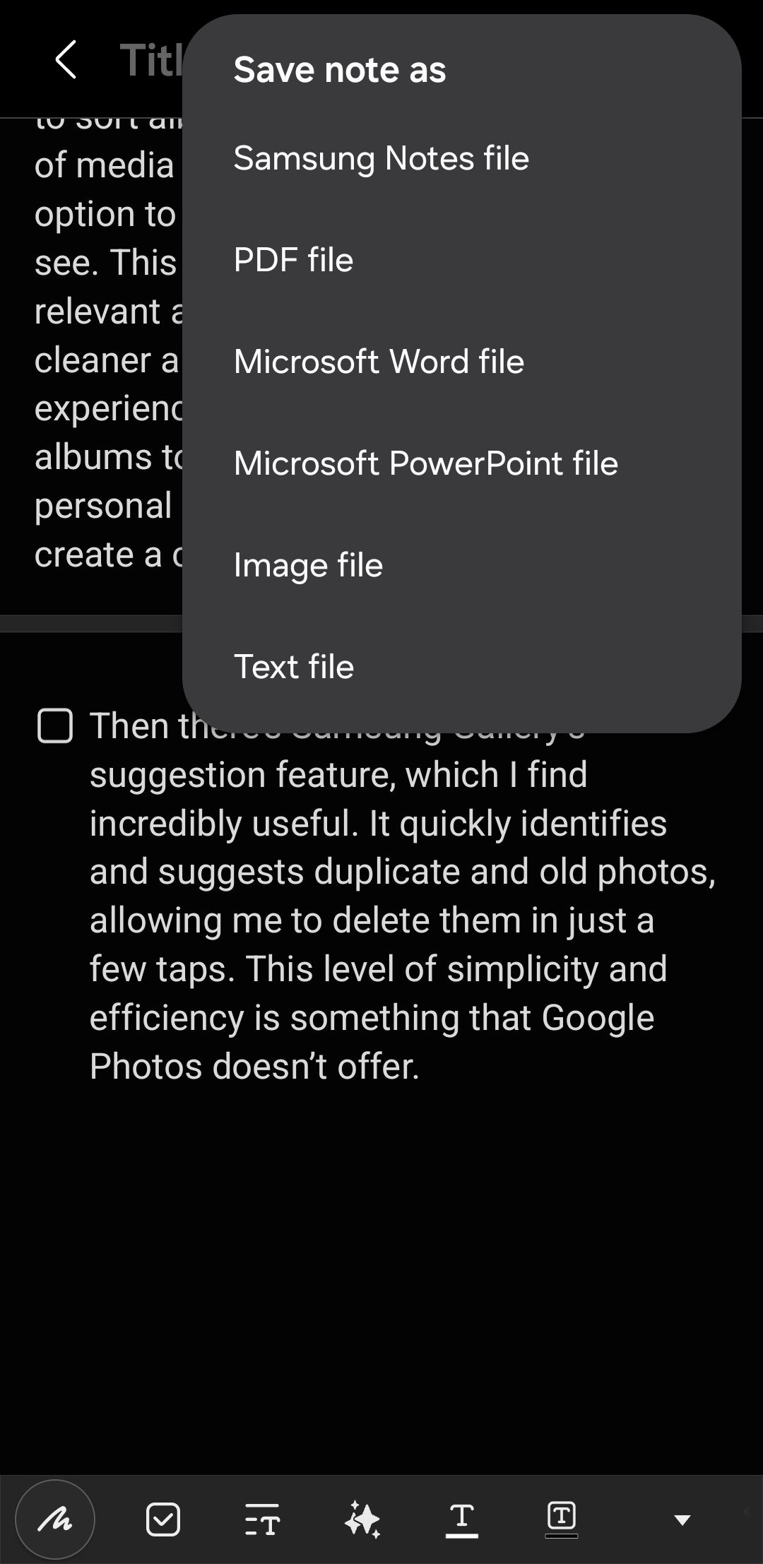 Save note as menu in Samsung Notes app