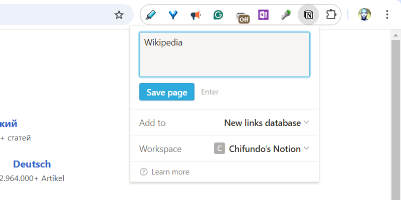 Saving a page using the Notion Web Clipper.