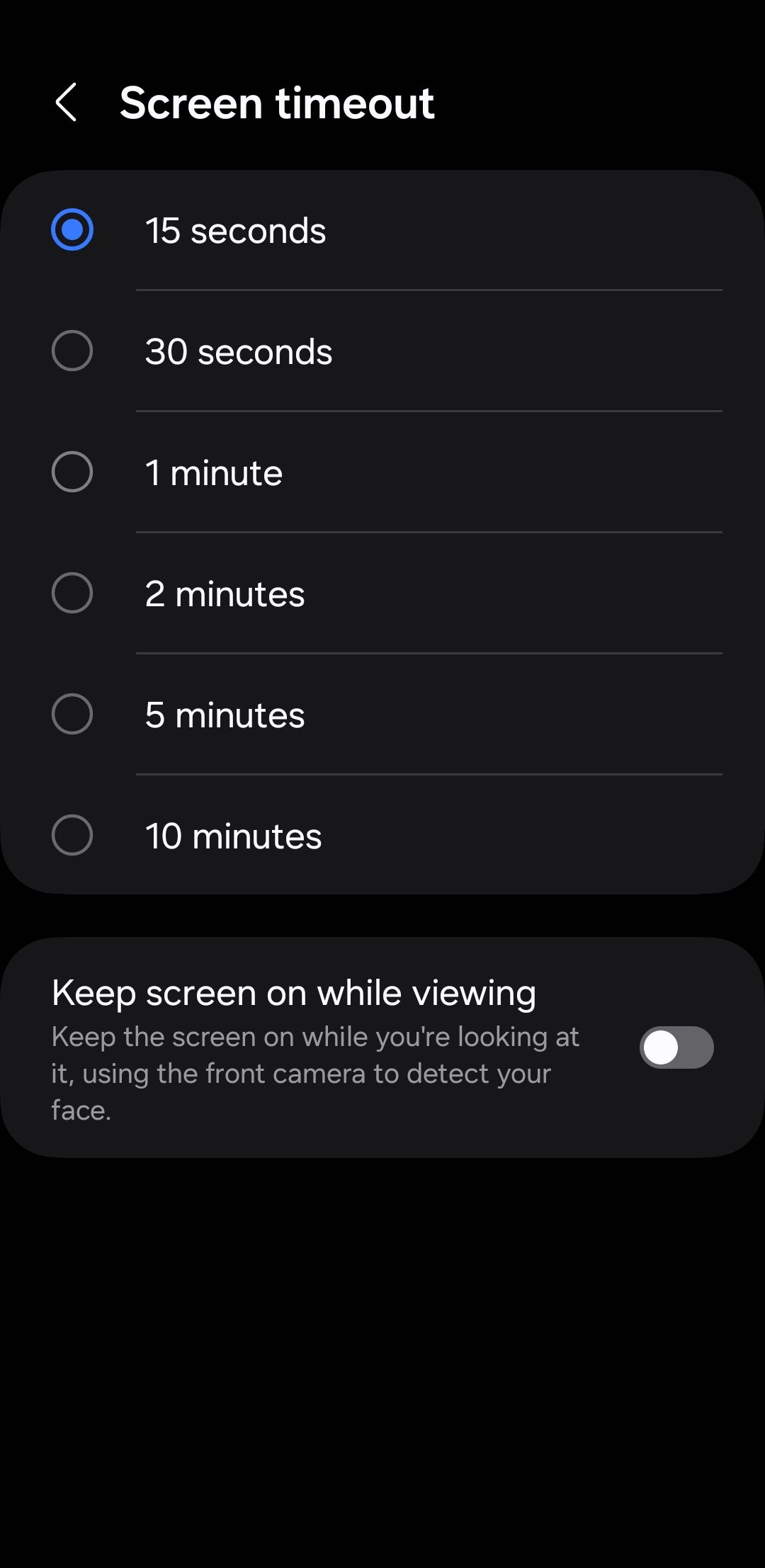 Screen timeout menu on Android