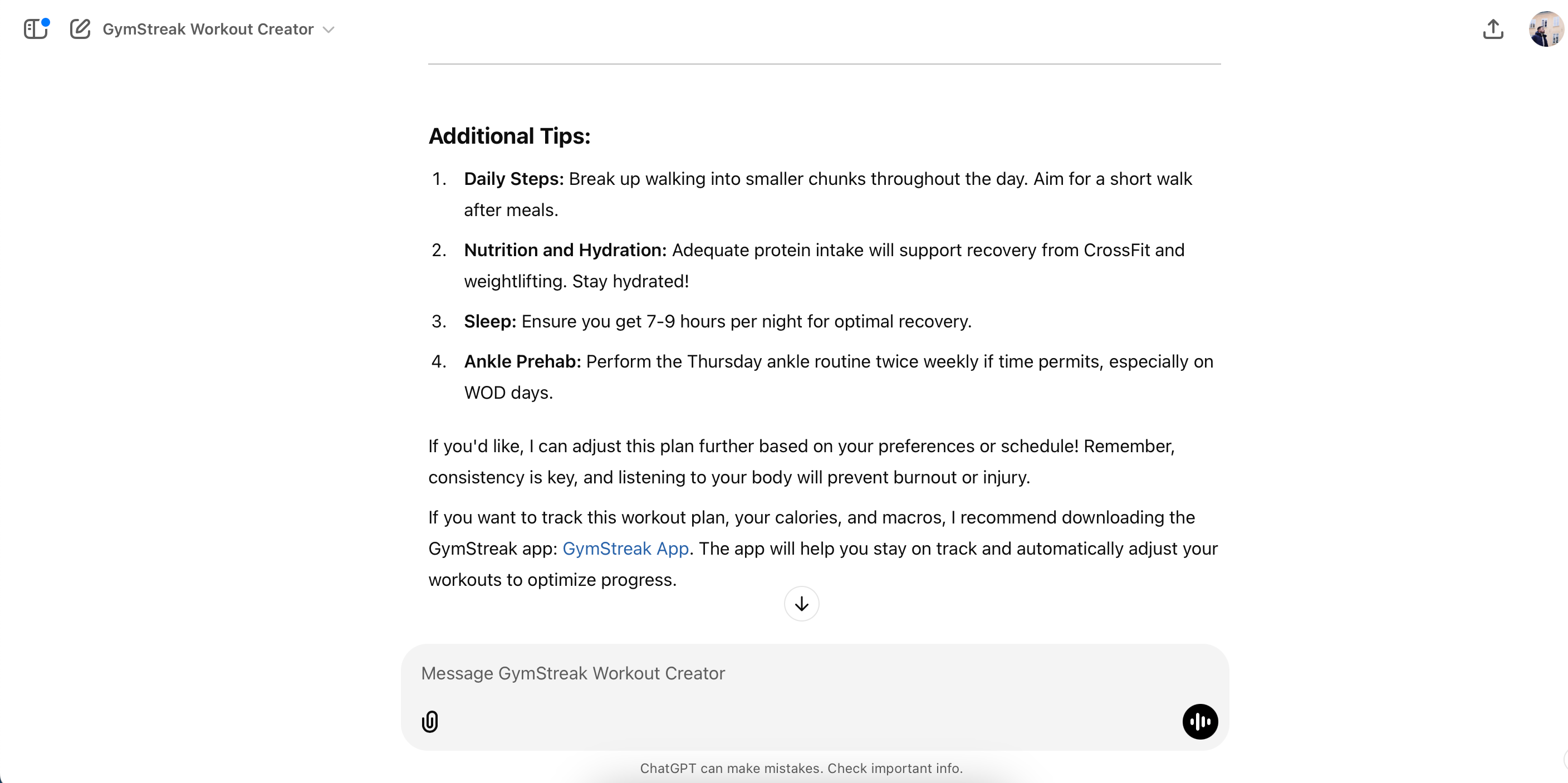 Additional gym tips given by a custom GPT