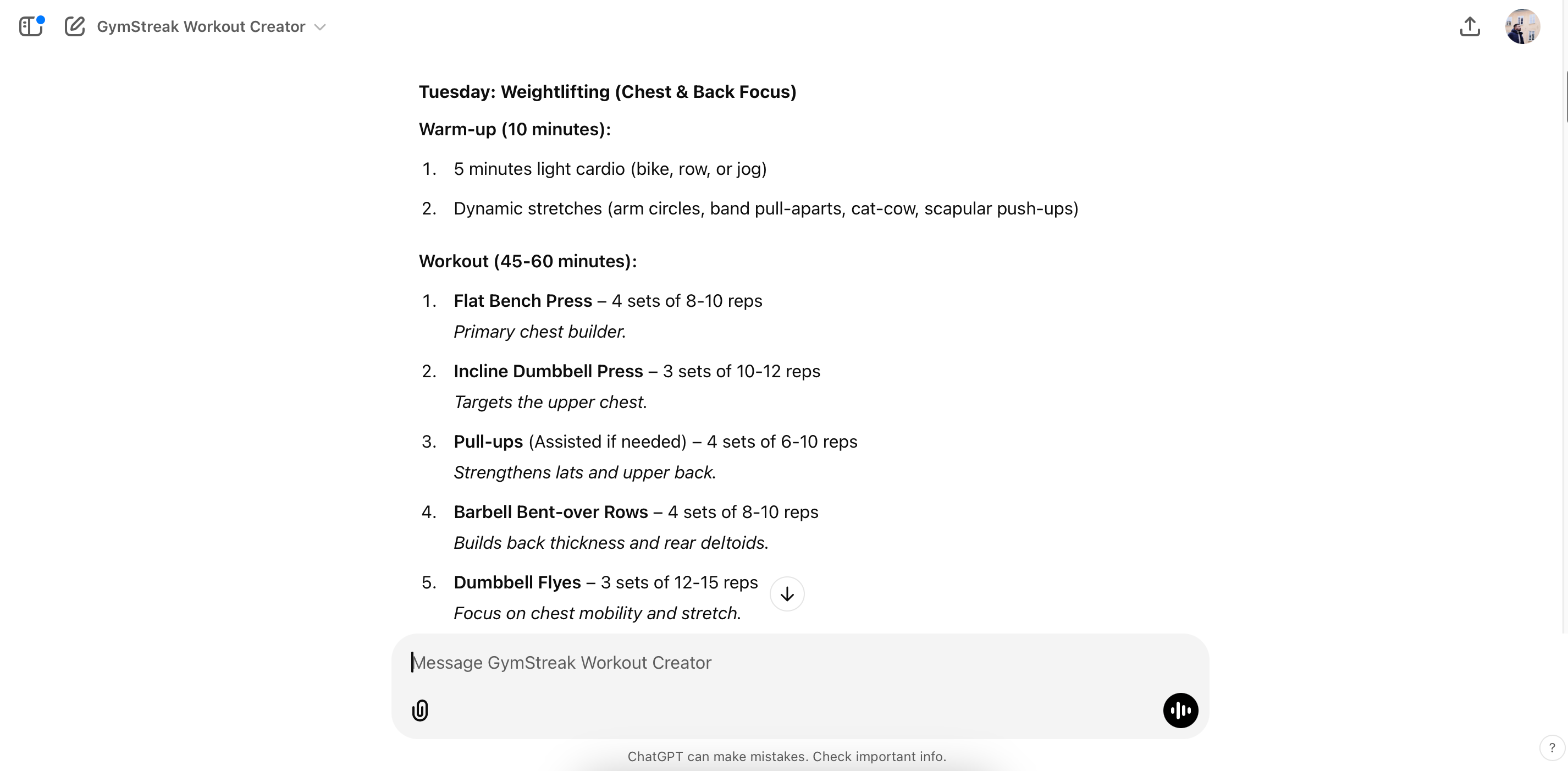 Using a custom GPT to create a gym routine in ChatGPT