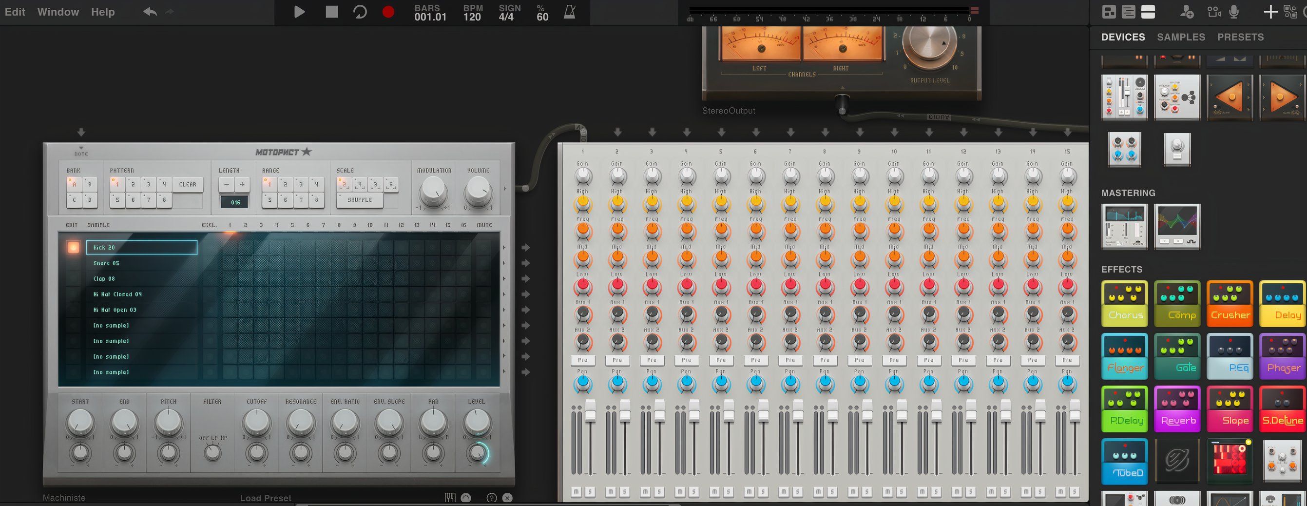 The Audiotool mixer and effects within its UI.