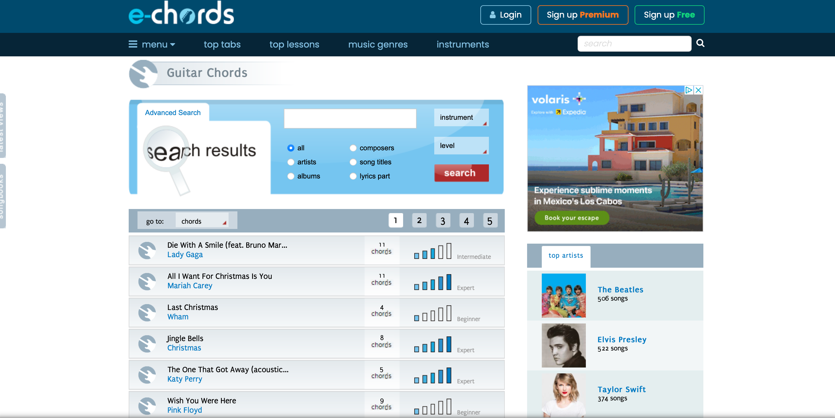 E-Chords tabs page featuring songs like Last Christmas and Die With A Smile