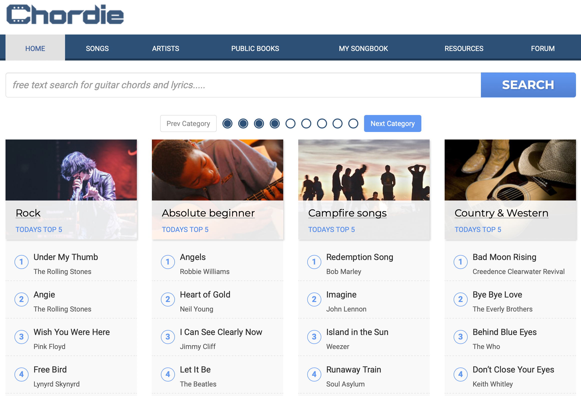 Chordie homepage featuring absolute beginner songs and campfire songs