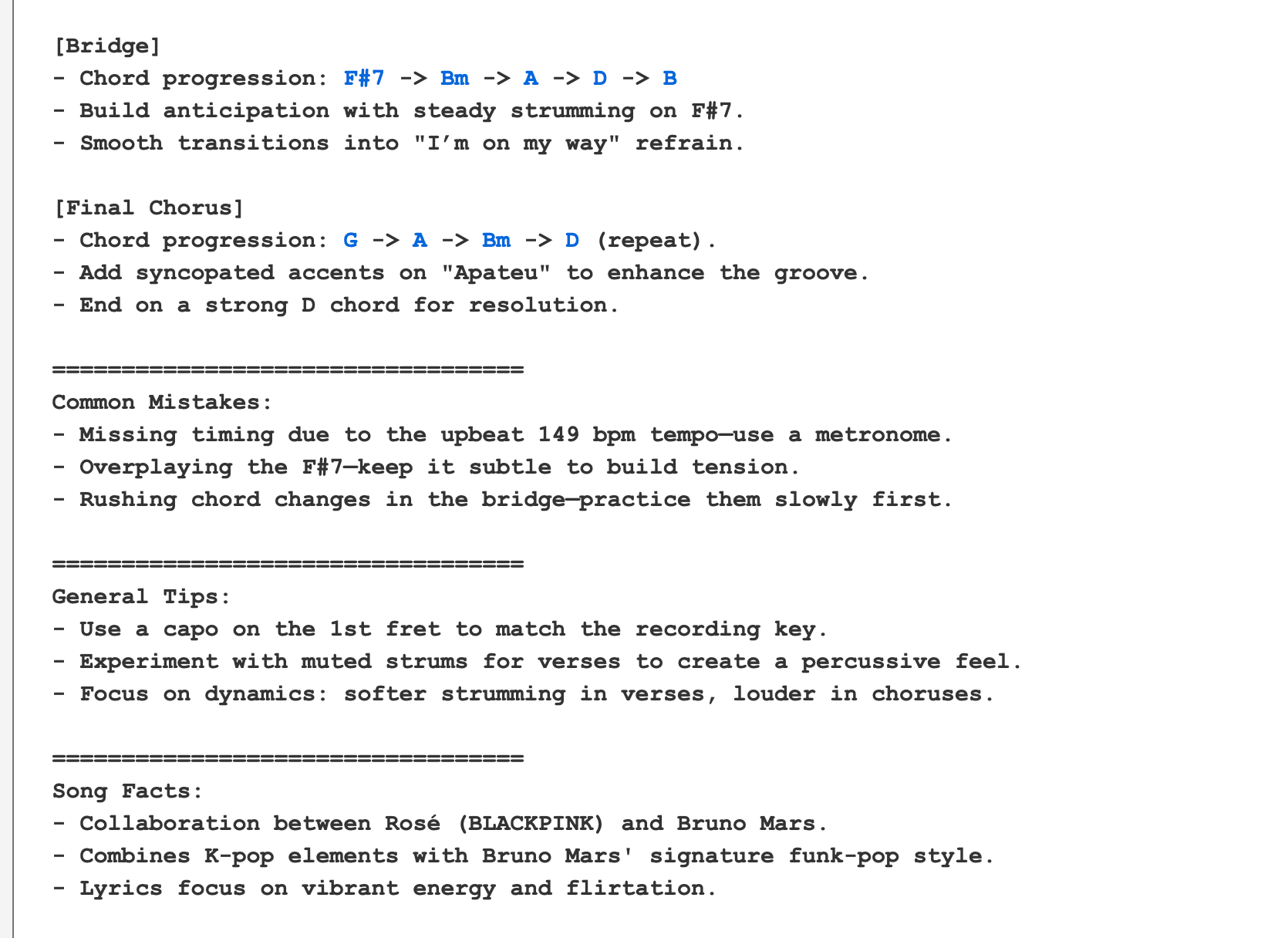 Notes on AZChords for APT. by Rose and Bruno Mars explaining common mistakes