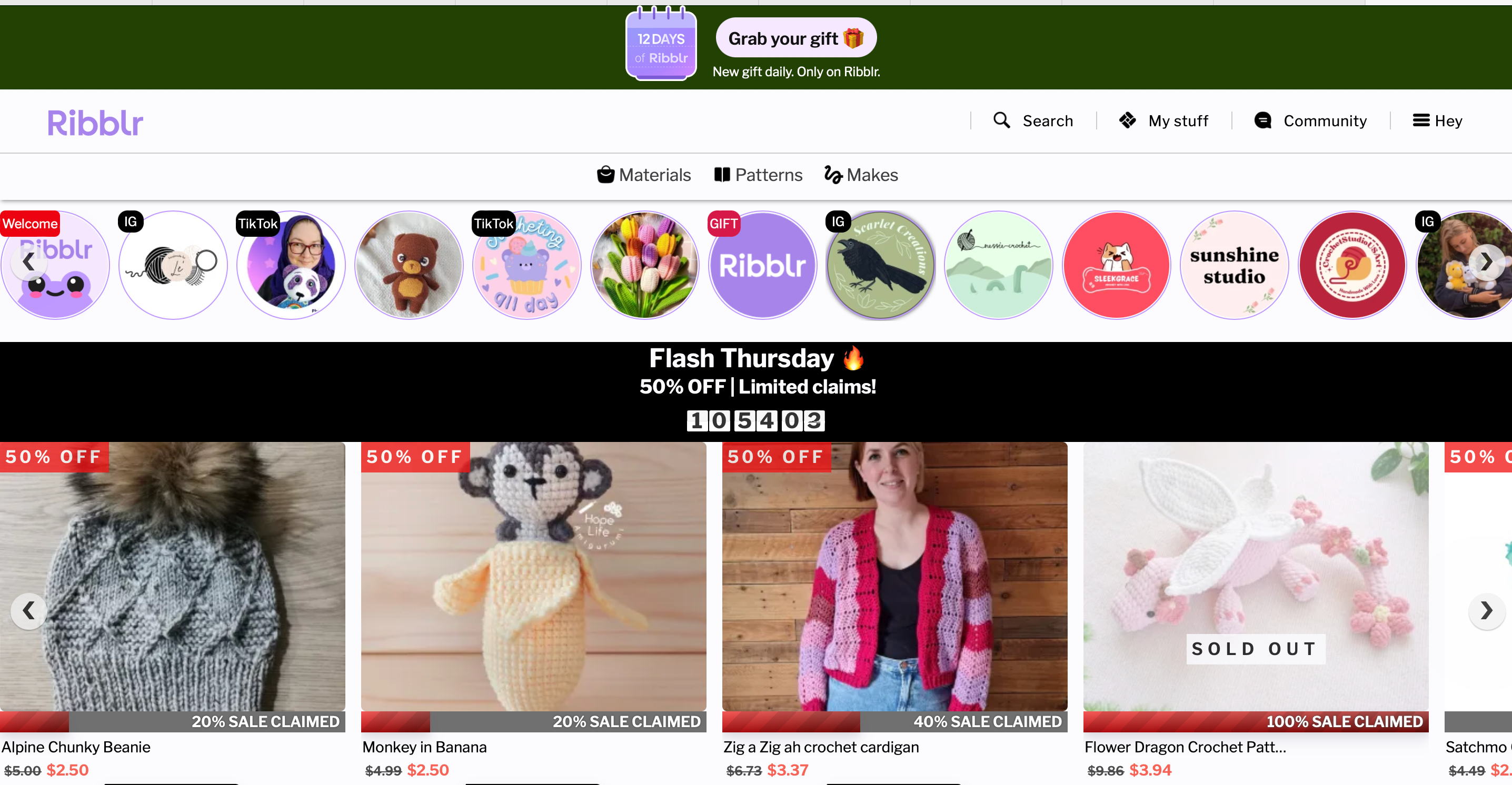 Ribblr home page with crochet and knit patterns