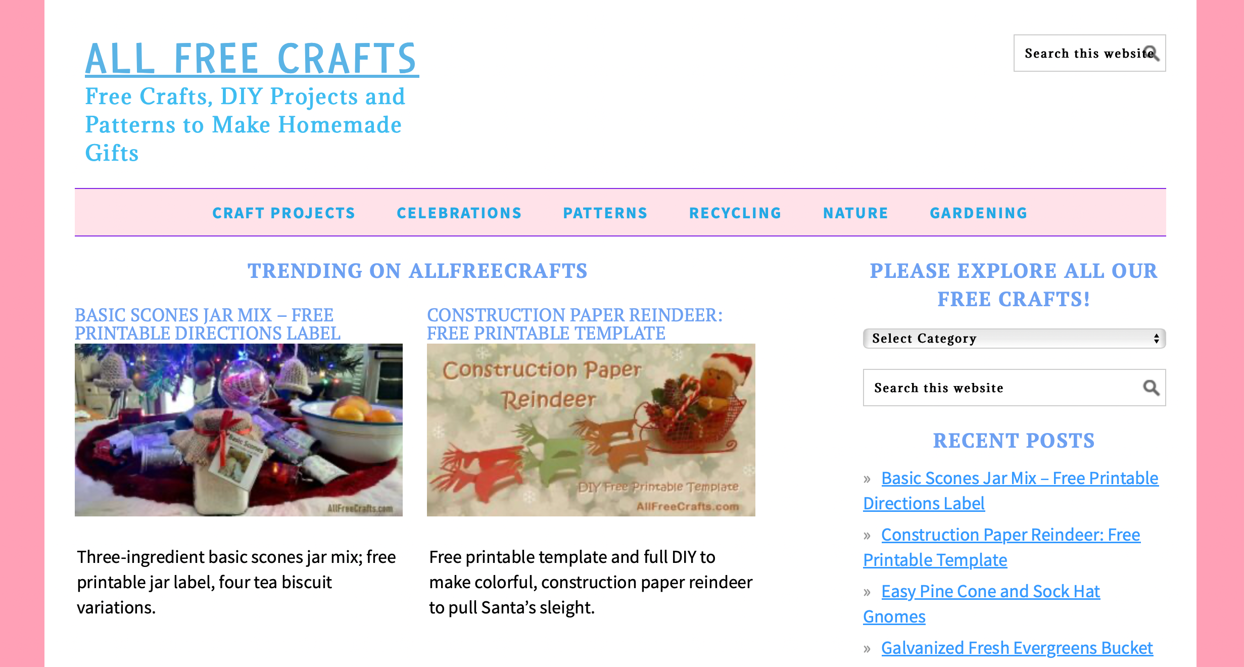 All Free Crafts homepage with crafts for scone jars and construction paper reindeer