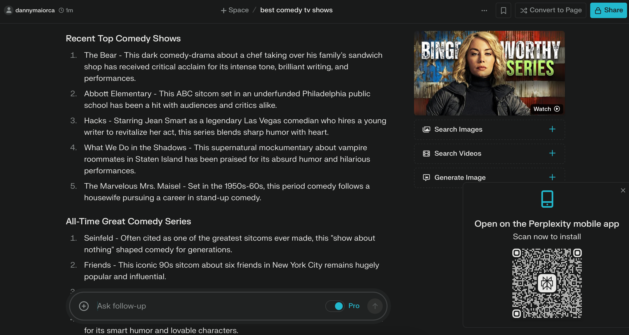 TV show recommendations in the Perplexity app