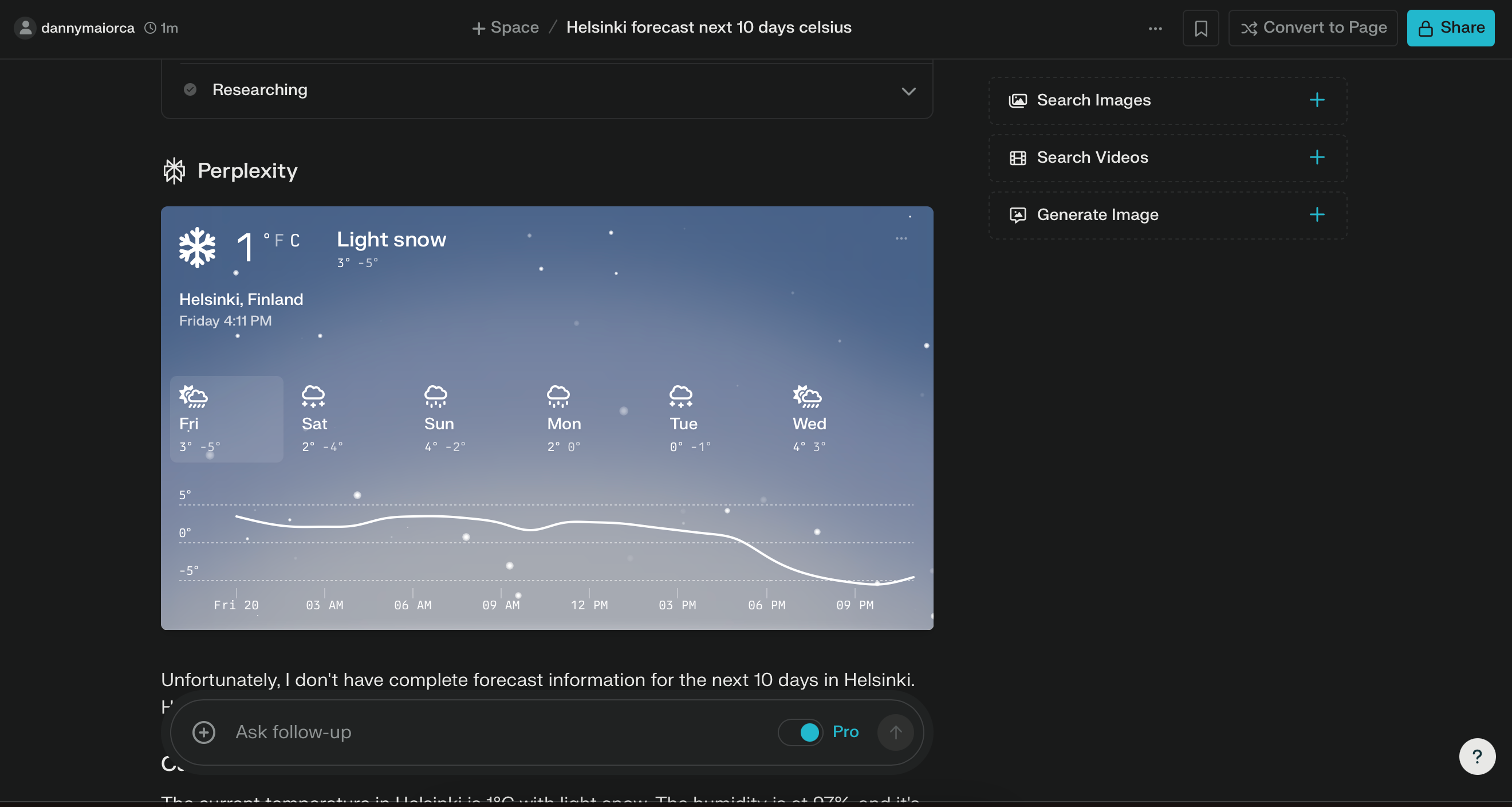 The weather forecast for a city in Perplexity