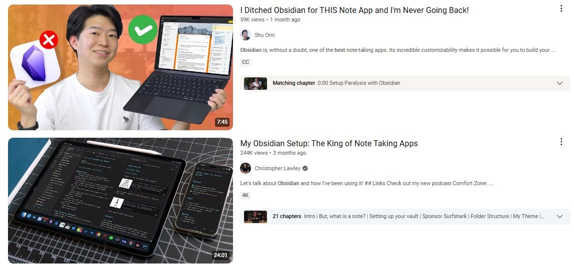 Screenshot of YouTube videos about Obsidian and knowledge management