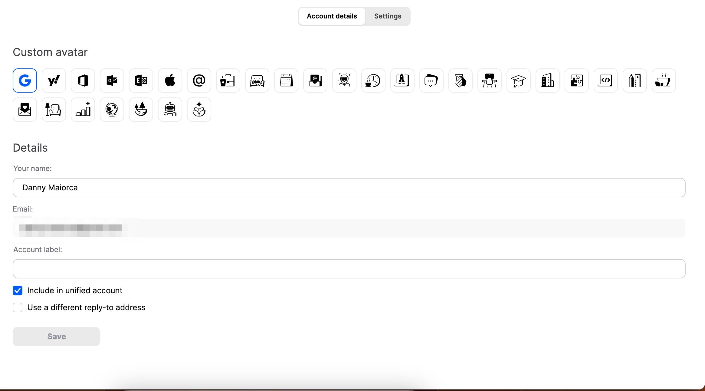 Create a custom avatar in the Mailbird app
