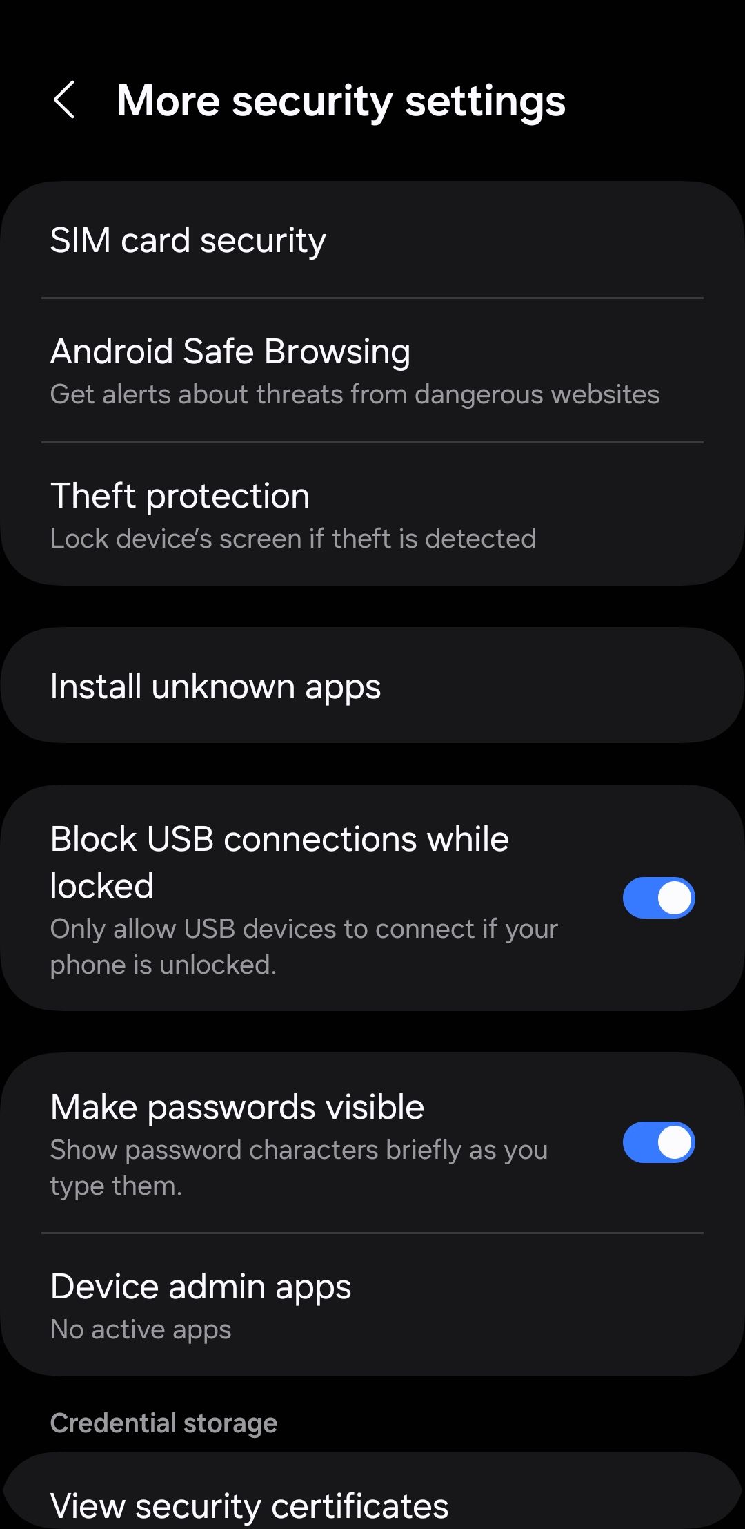 Security settings page on Android